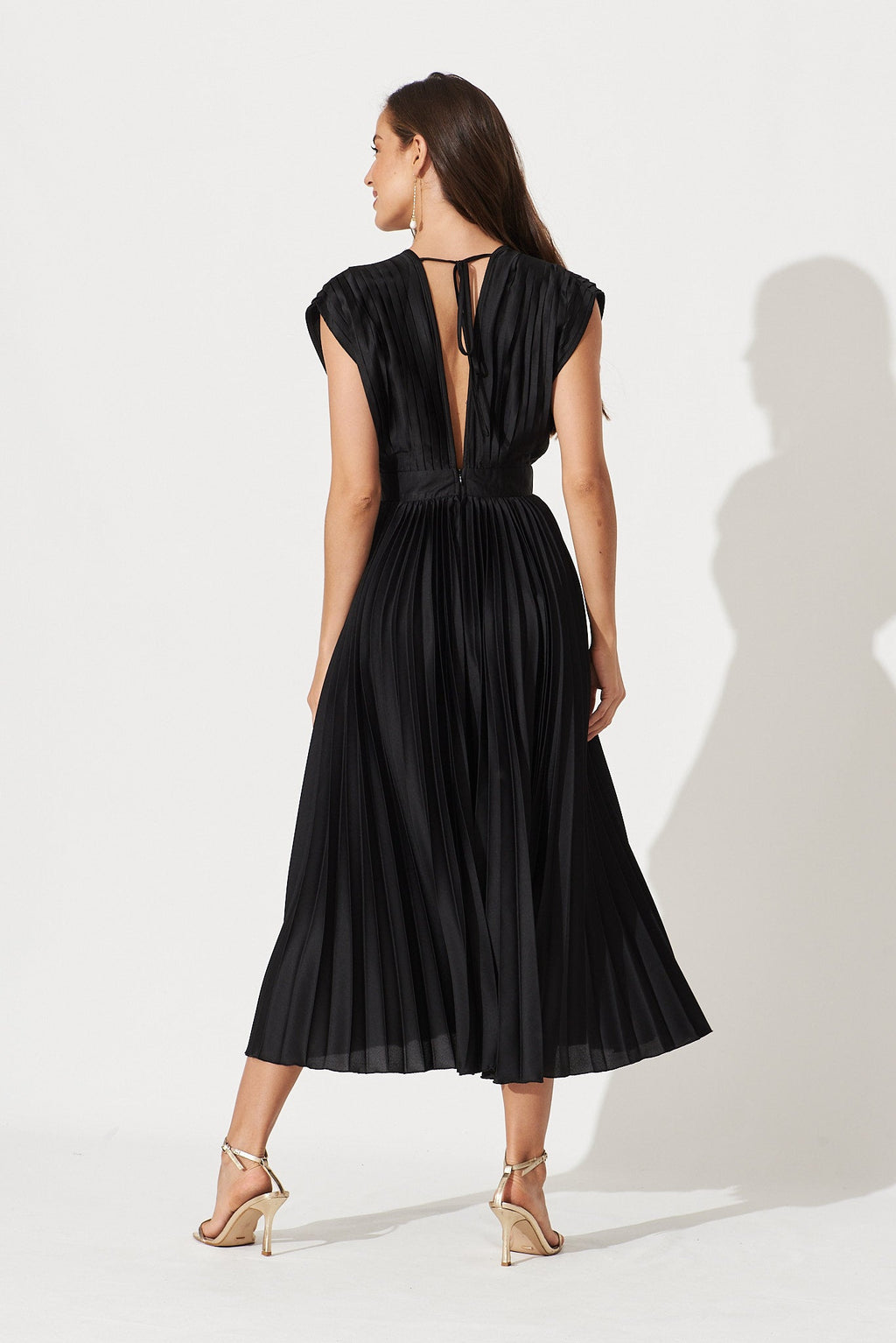 Black Satin Pleated Midi Dress - Anetta