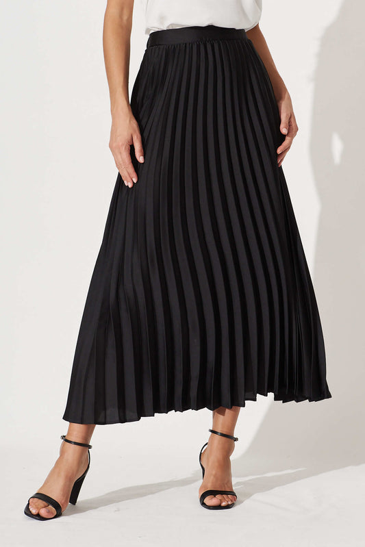 Allison Black Satin Midi Skirt