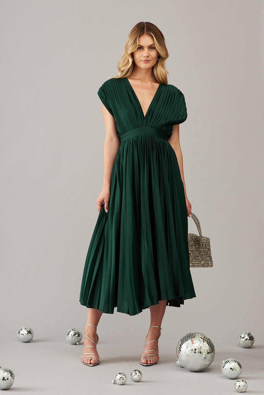Pleated Emerald Satin Midi Dress