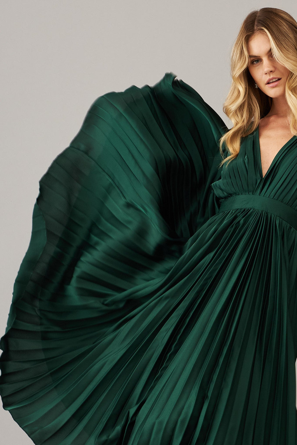 Pleated Emerald Satin Midi Dress