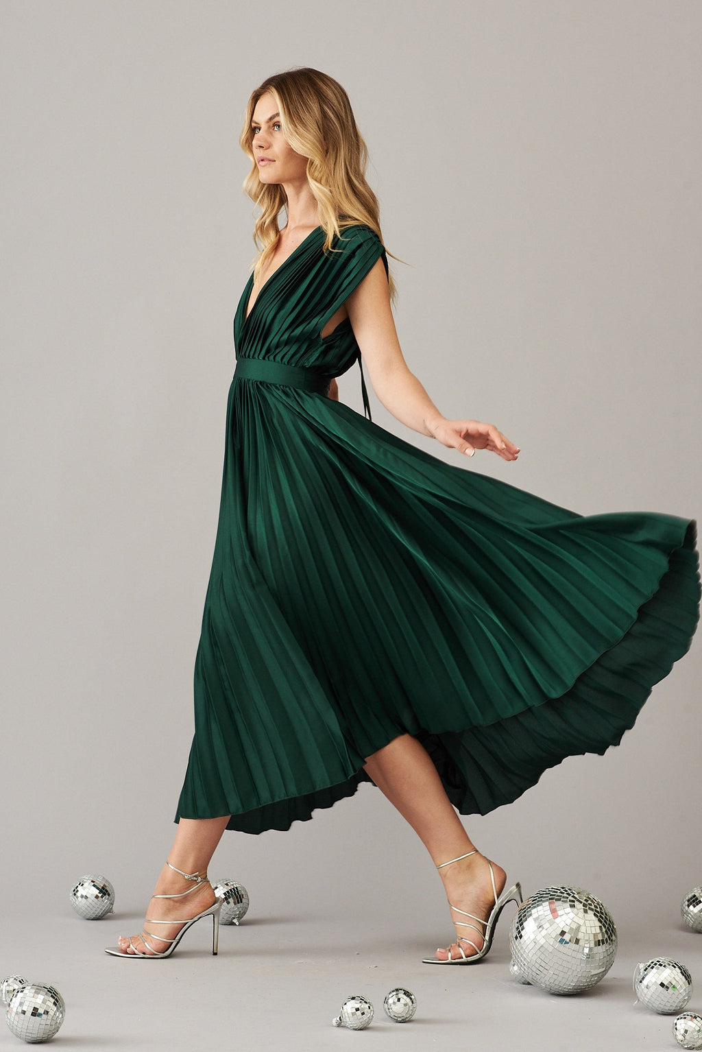 Pleated Emerald Satin Midi Dress