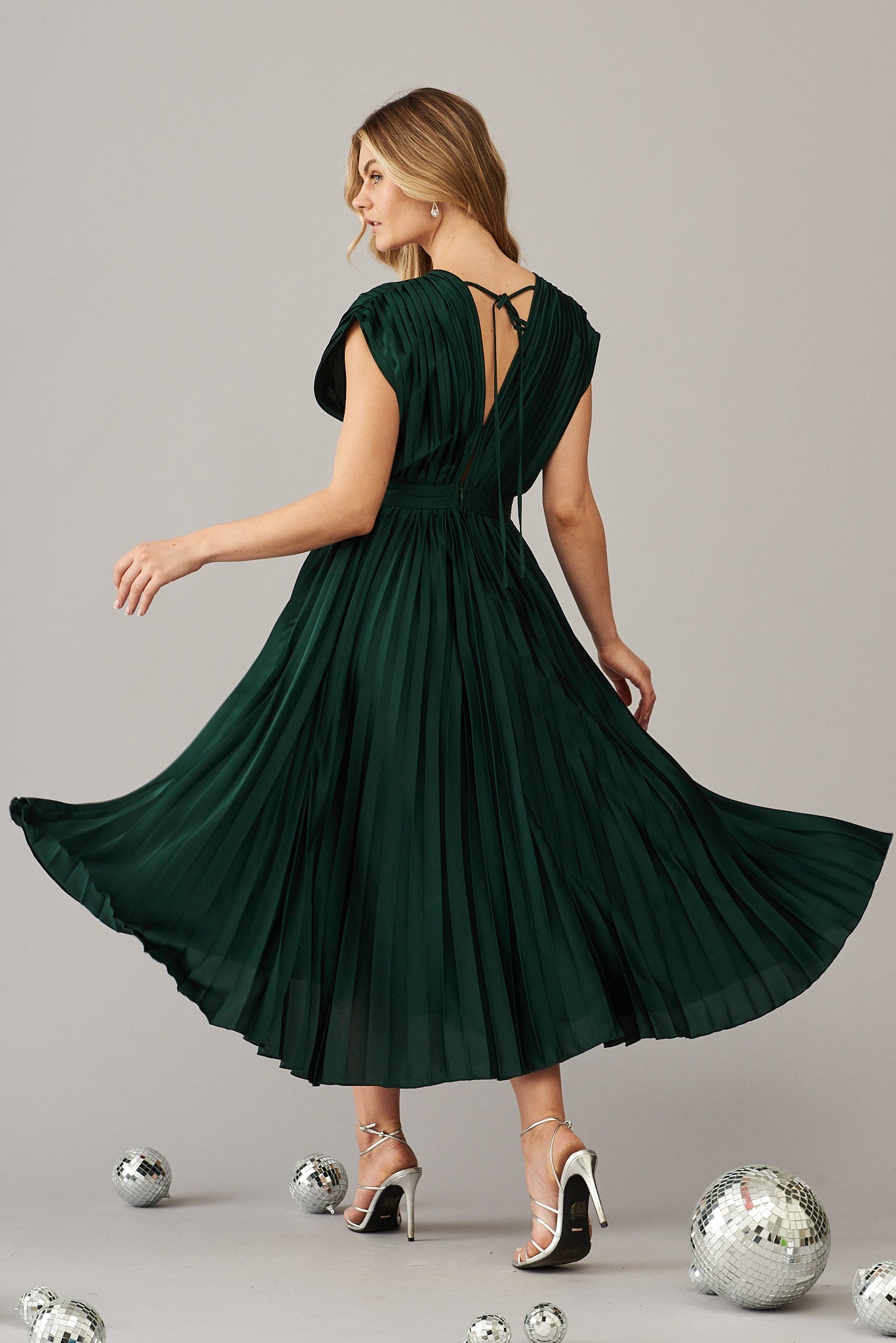 Pleated Emerald Satin Midi Dress