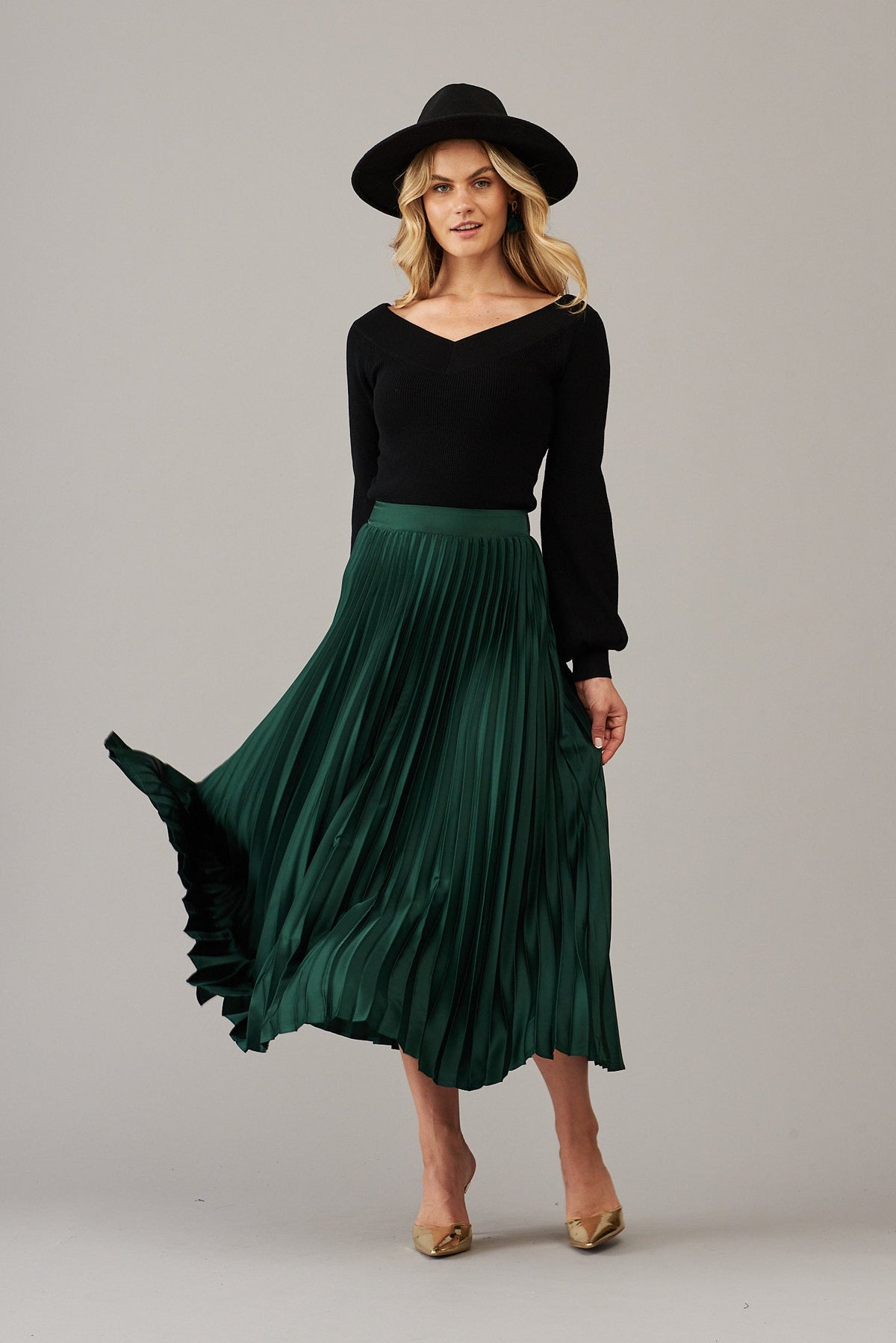 Emerald Satin Midi Pleat Skirt
