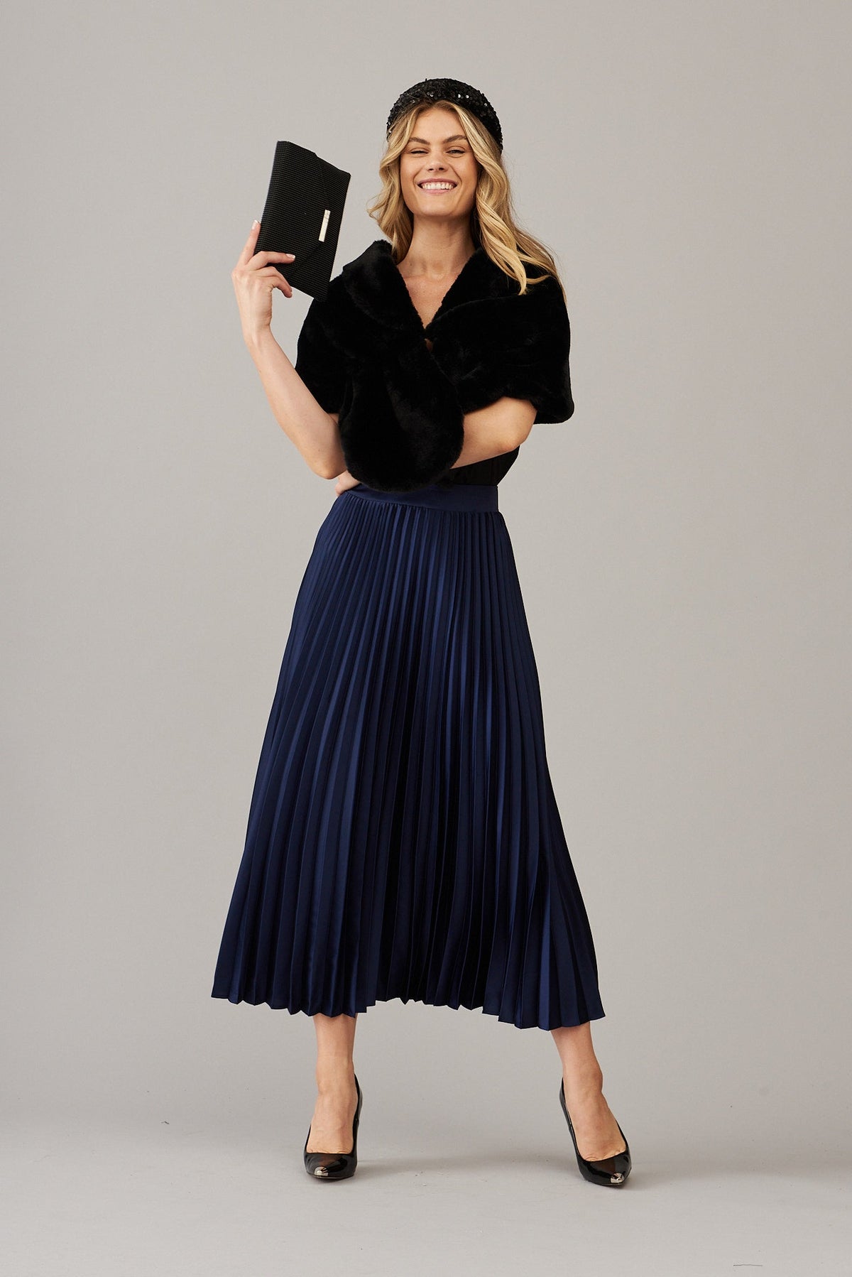 Navy Satin Midi Pleat Skirt