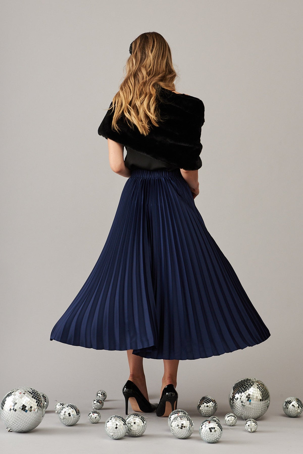 Navy Satin Midi Pleat Skirt