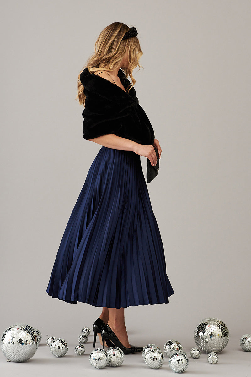 Navy Satin Midi Pleat Skirt