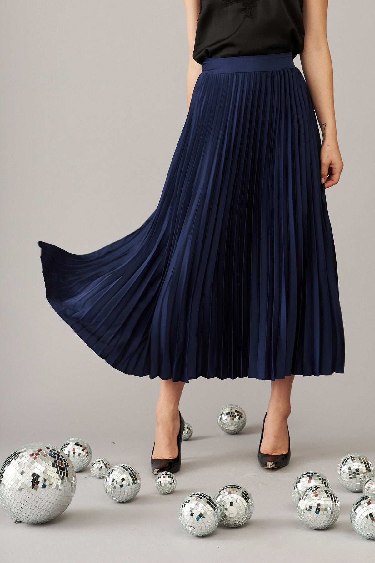 Navy Satin Midi Pleat Skirt