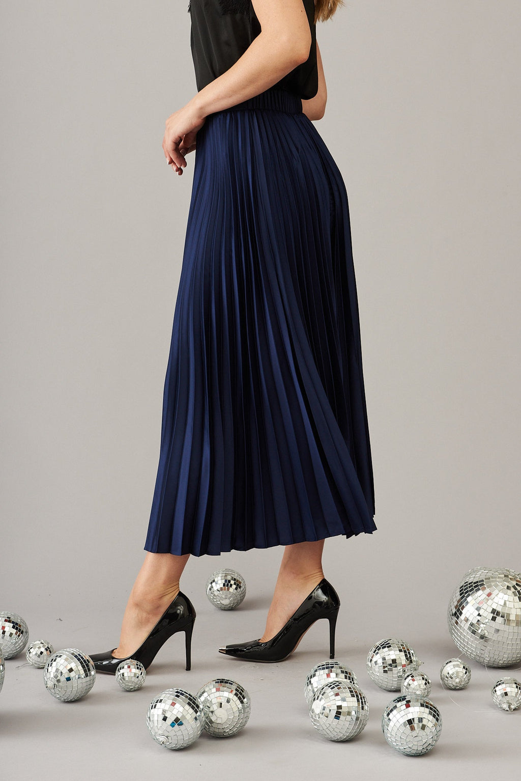 Navy Satin Midi Pleat Skirt