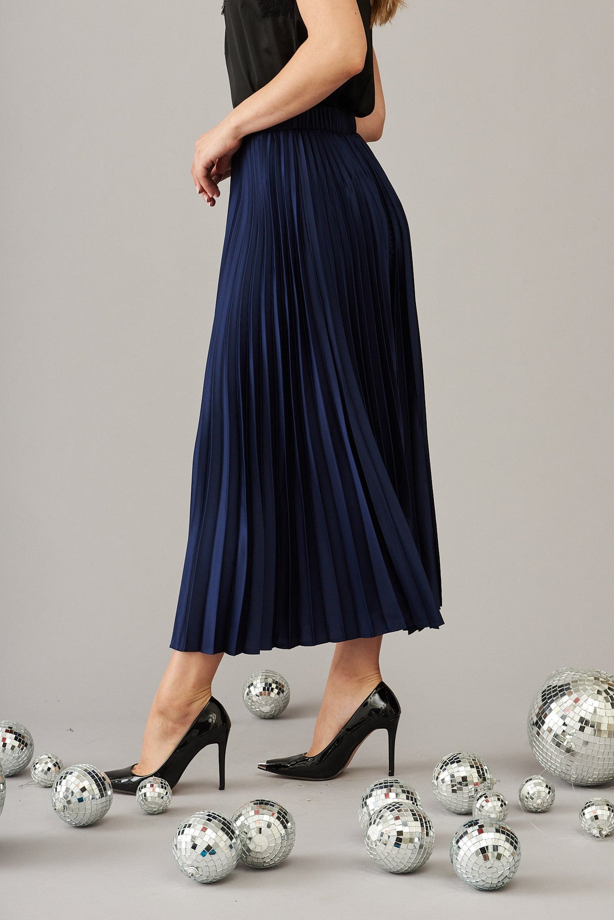 Navy Satin Midi Pleat Skirt
