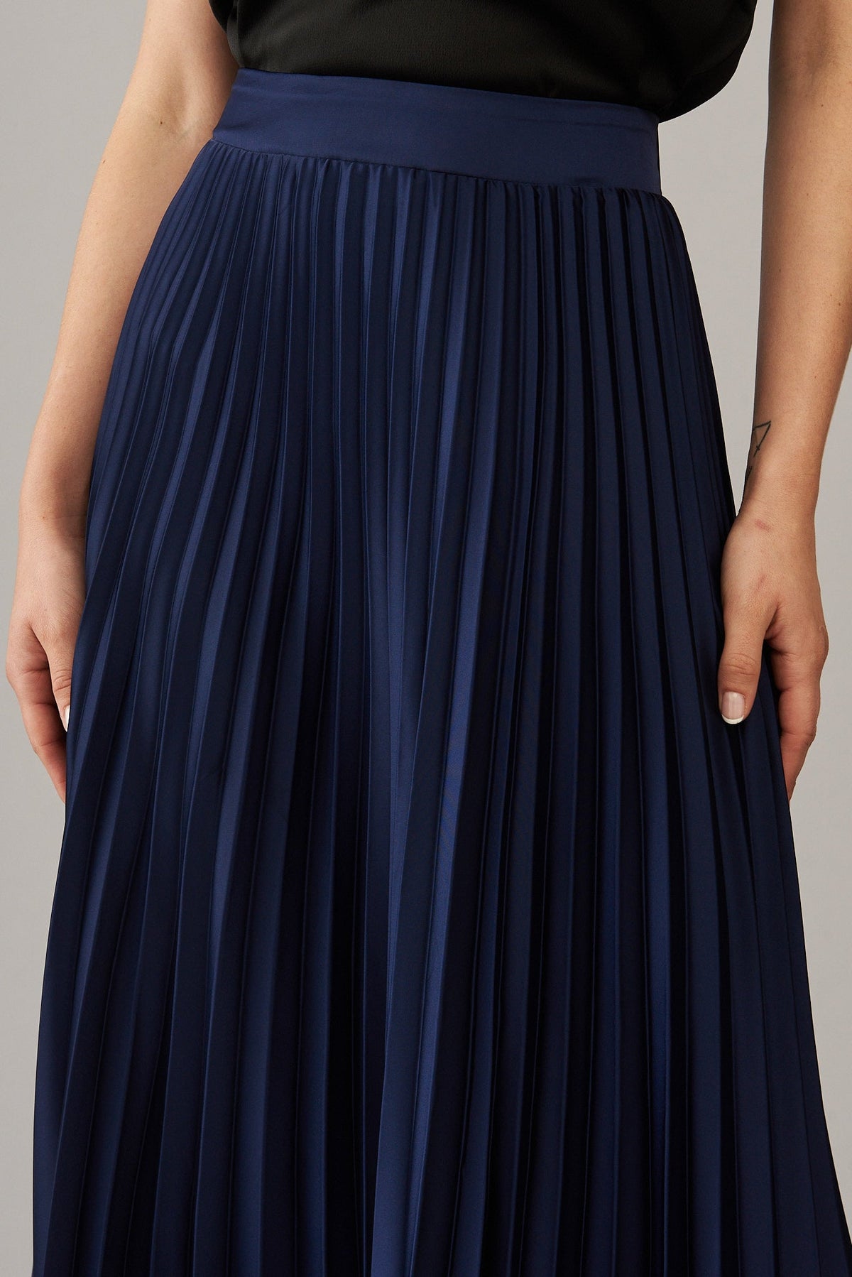 Navy Satin Midi Pleat Skirt
