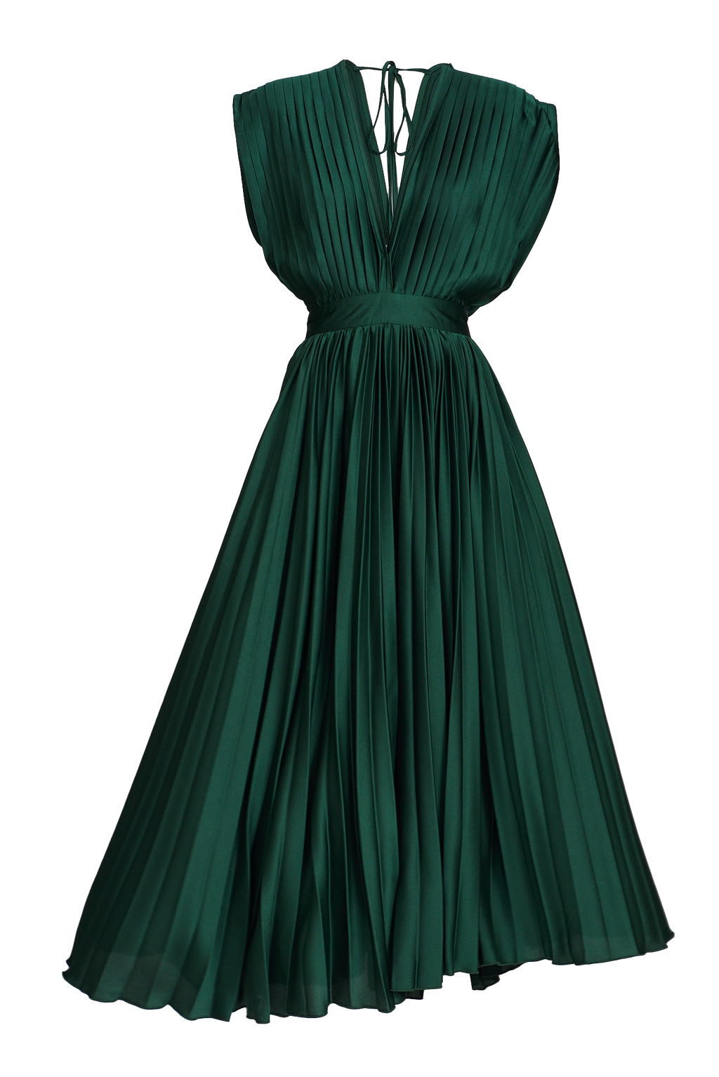 Pleated Emerald Satin Midi Dress