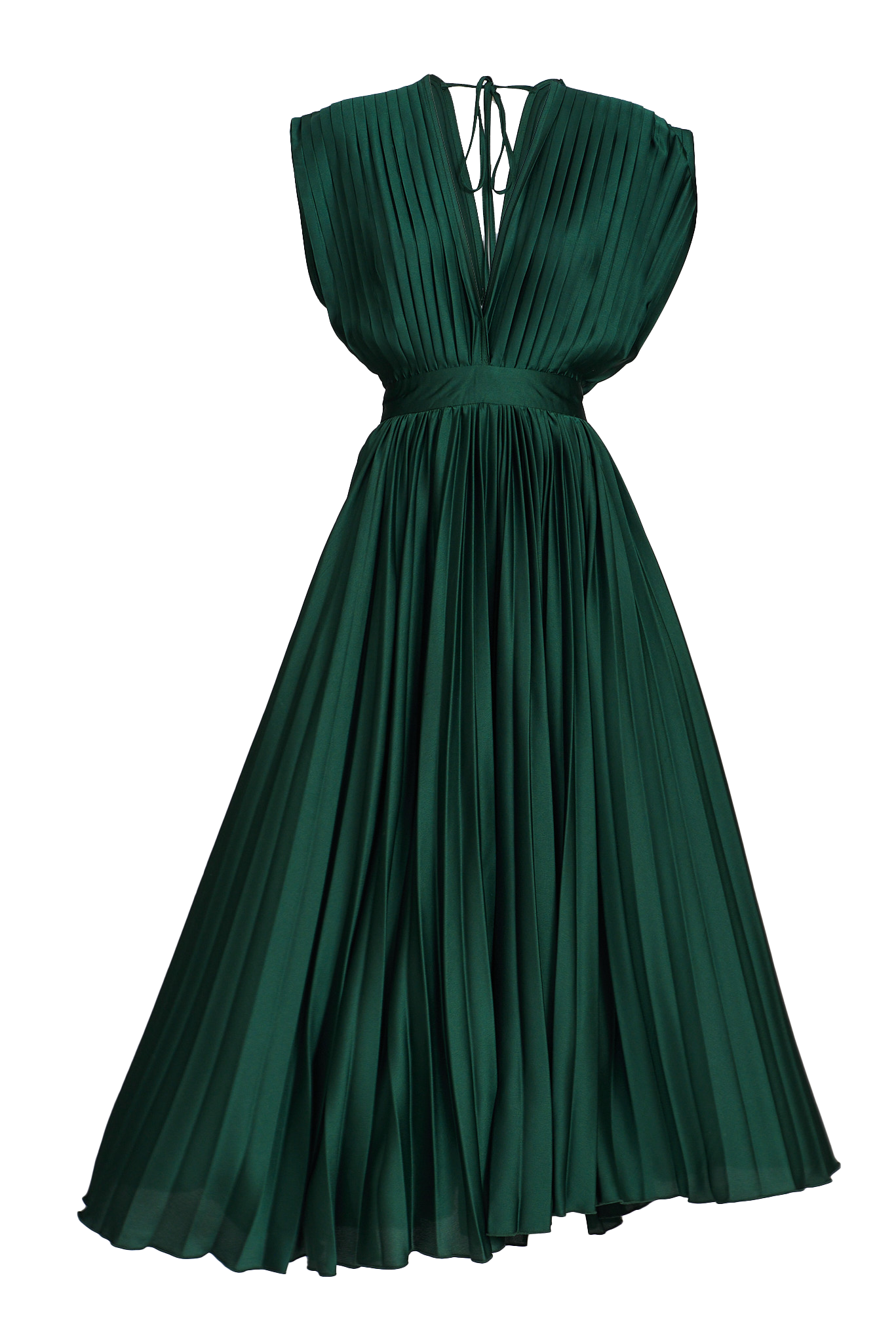 Pleated Emerald Satin Midi Dress