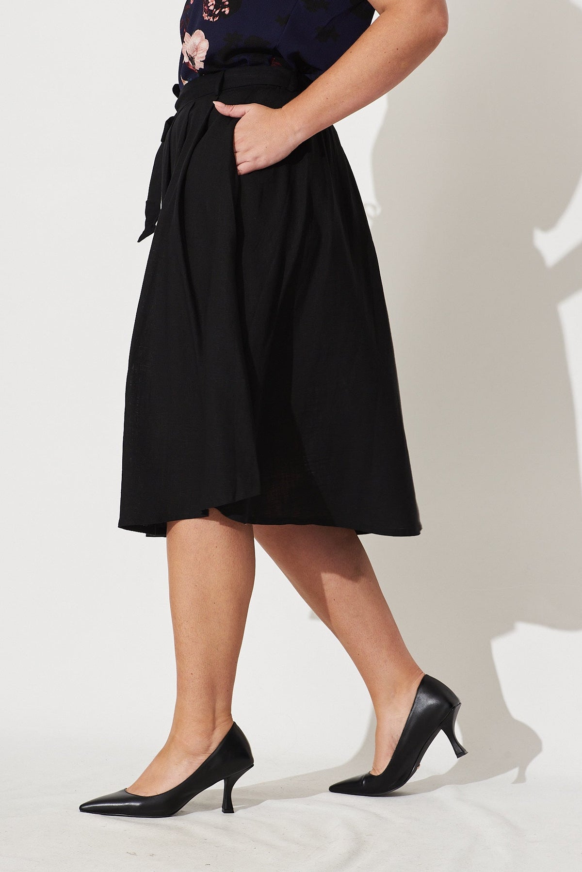 Bailey Black Linen Midi Skirt