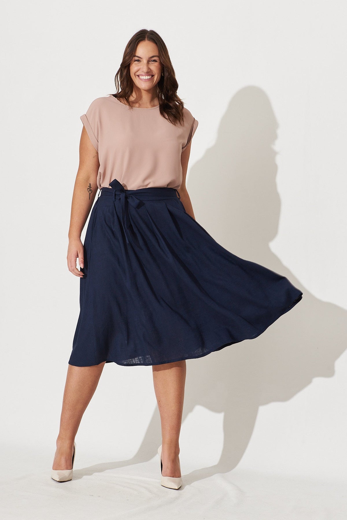 Navy Linen Bailey Midi Skirt