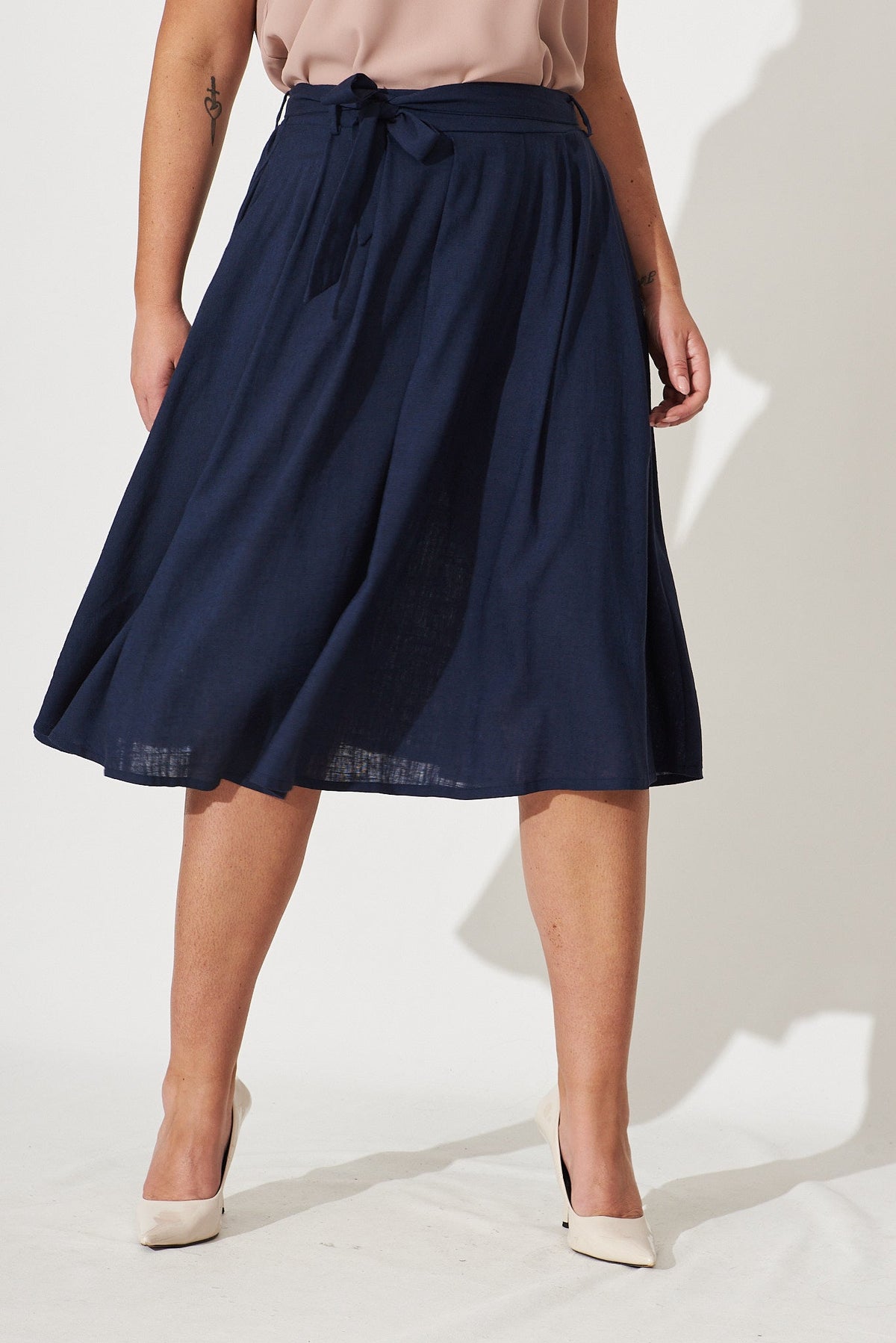 Navy Linen Bailey Midi Skirt