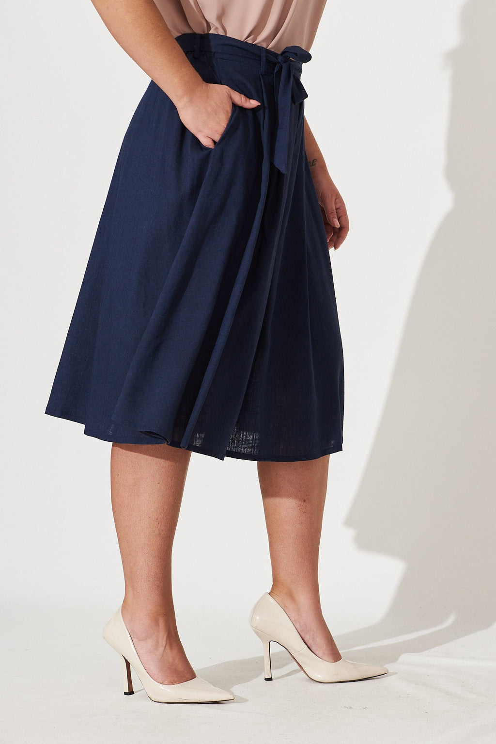 Navy Linen Bailey Midi Skirt