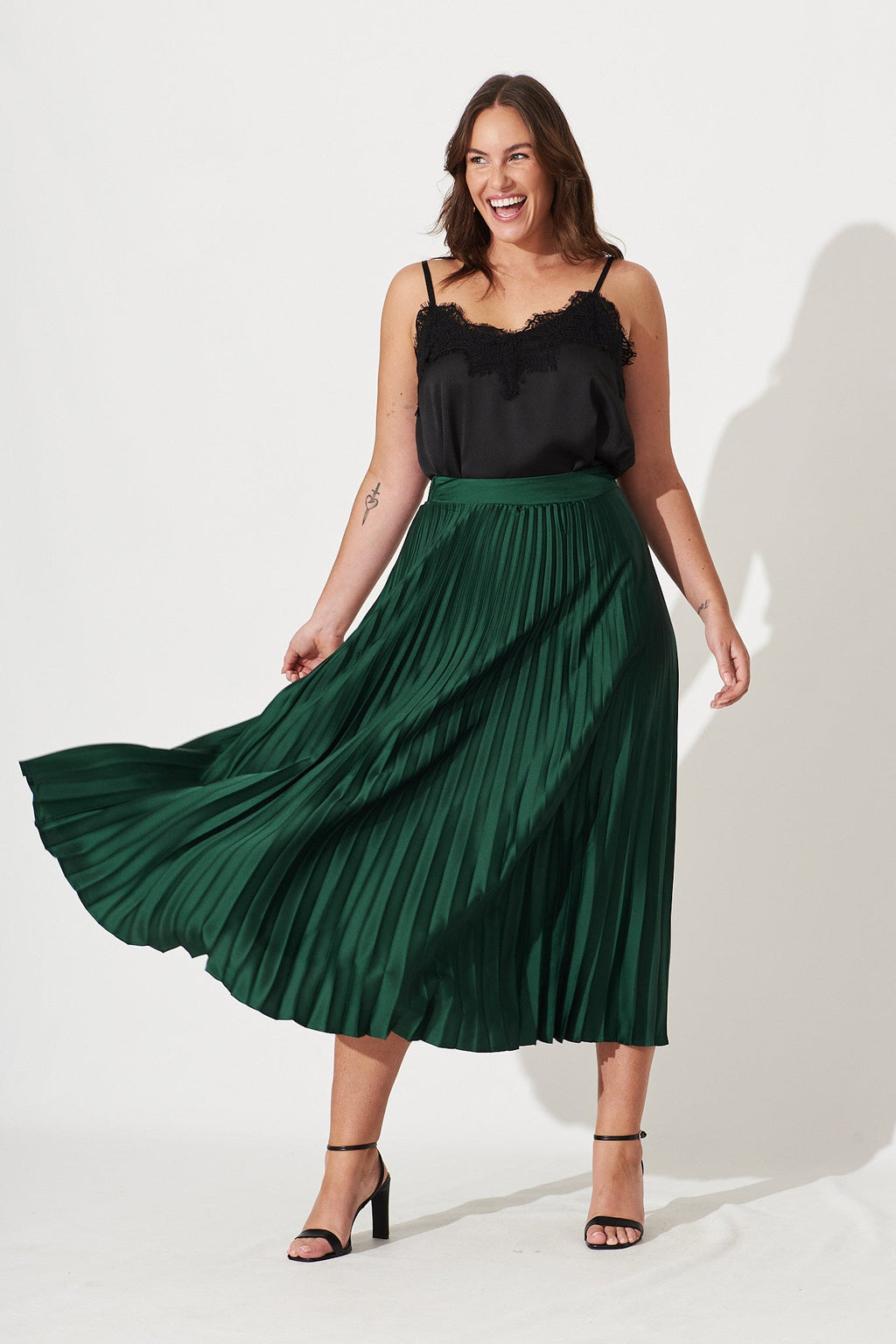 Emerald Satin Midi Pleat Skirt