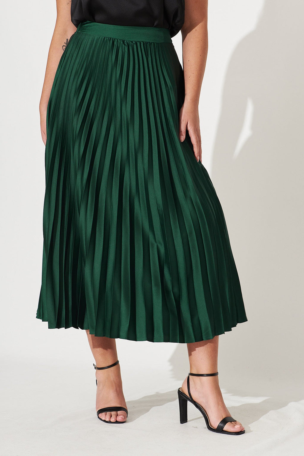 Emerald Satin Midi Pleat Skirt