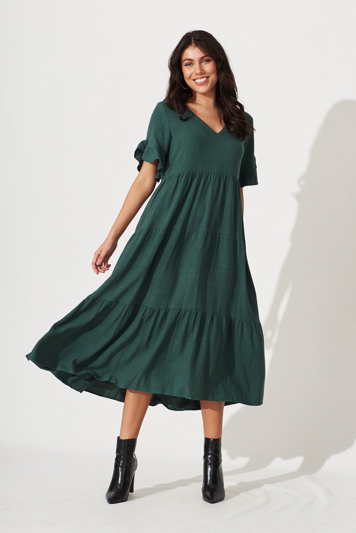 Green Linen Blend Smock Dress by Kristen