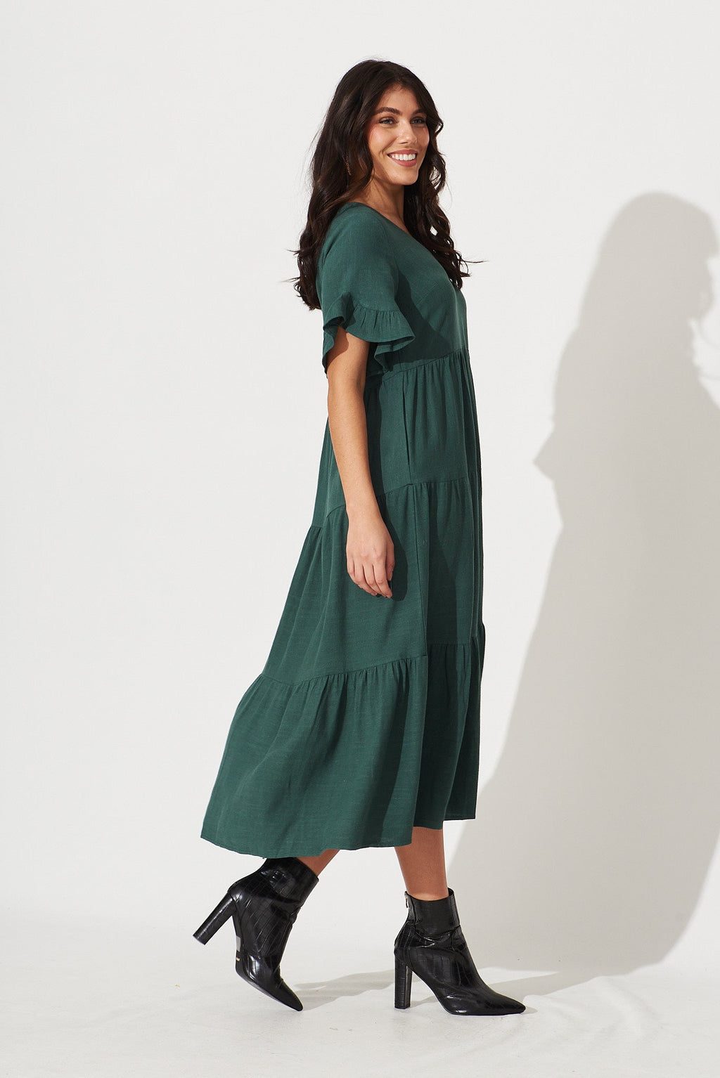 Green Linen Blend Smock Dress by Kristen