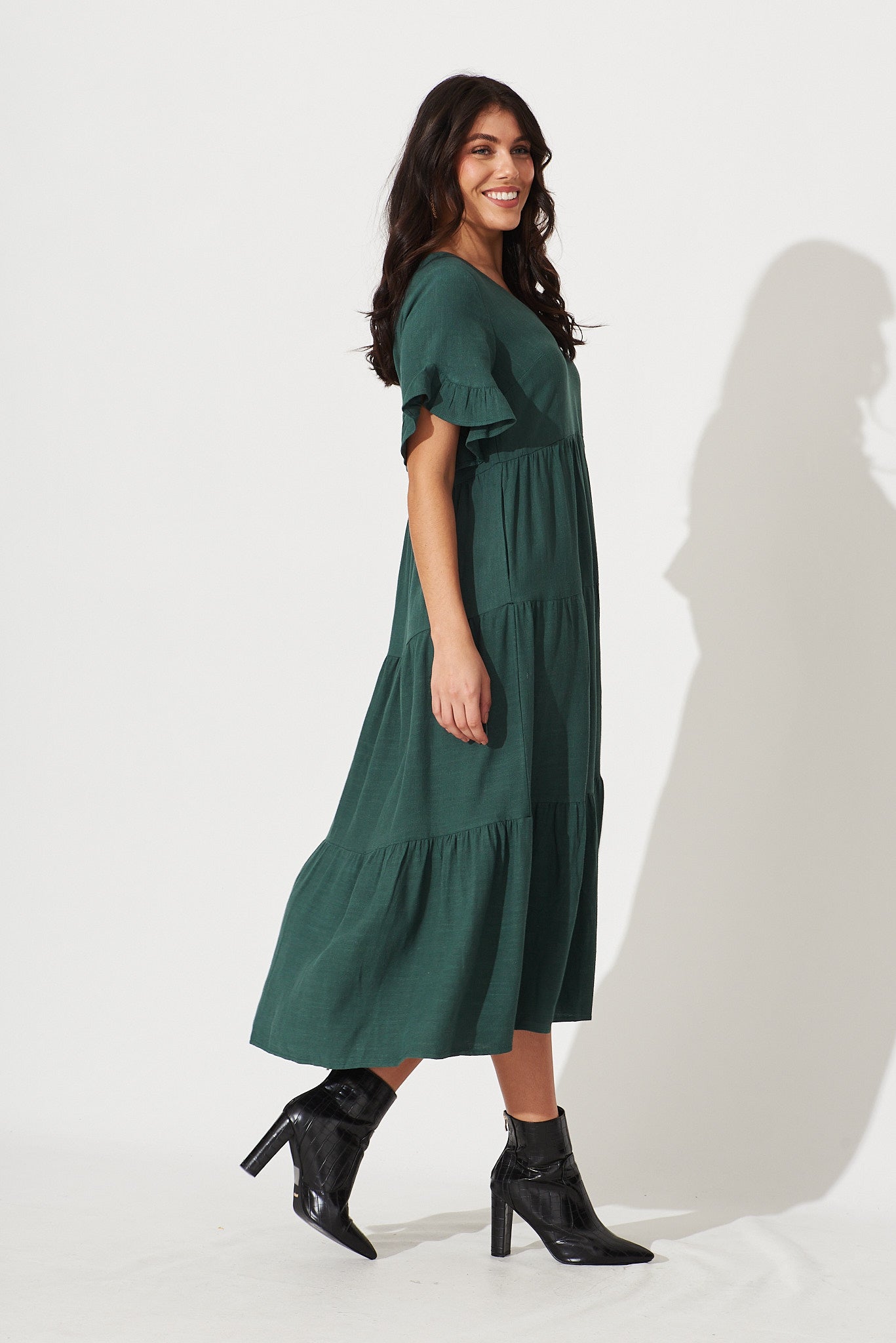 Green Linen Blend Smock Dress by Kristen
