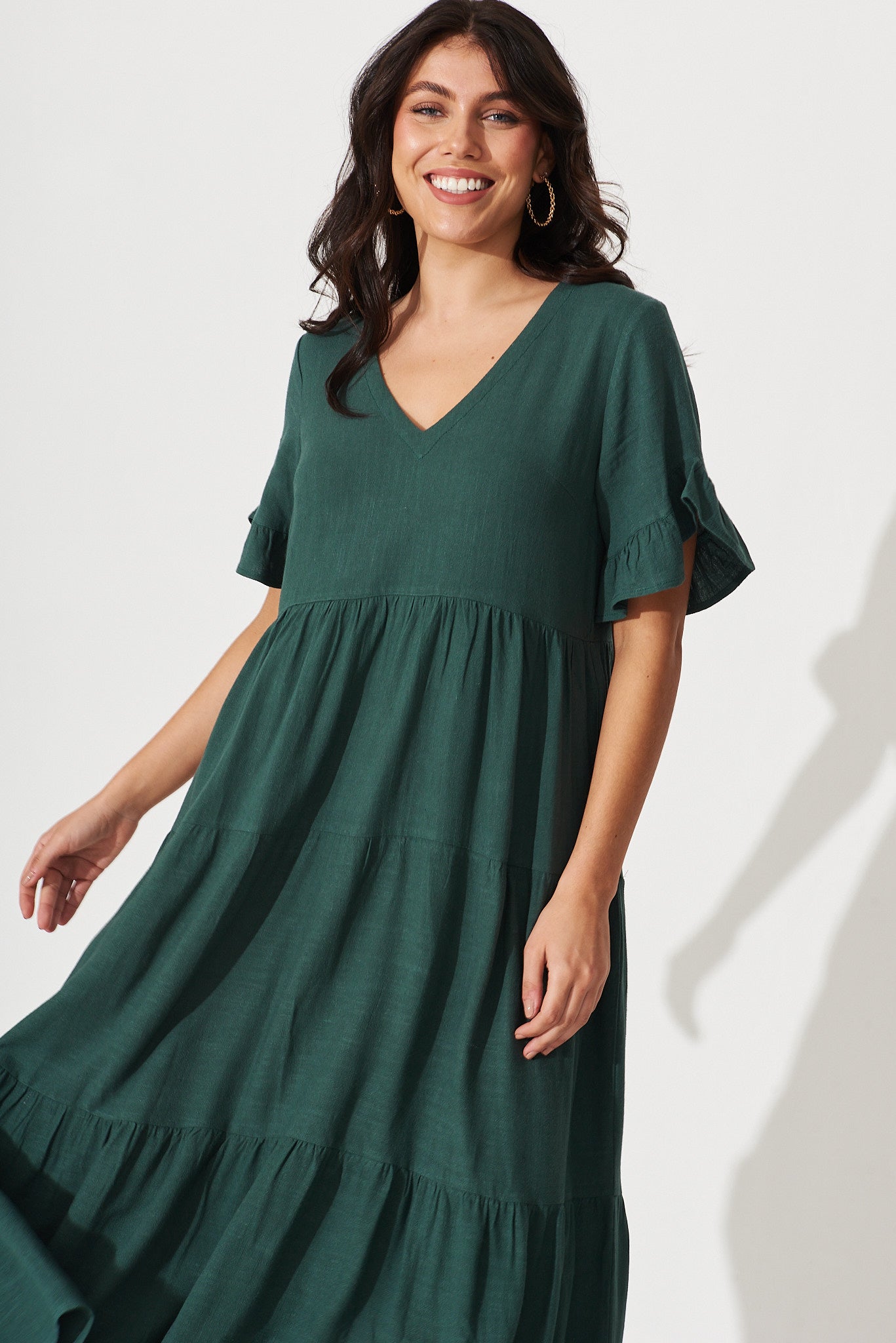 Green Linen Blend Smock Dress by Kristen