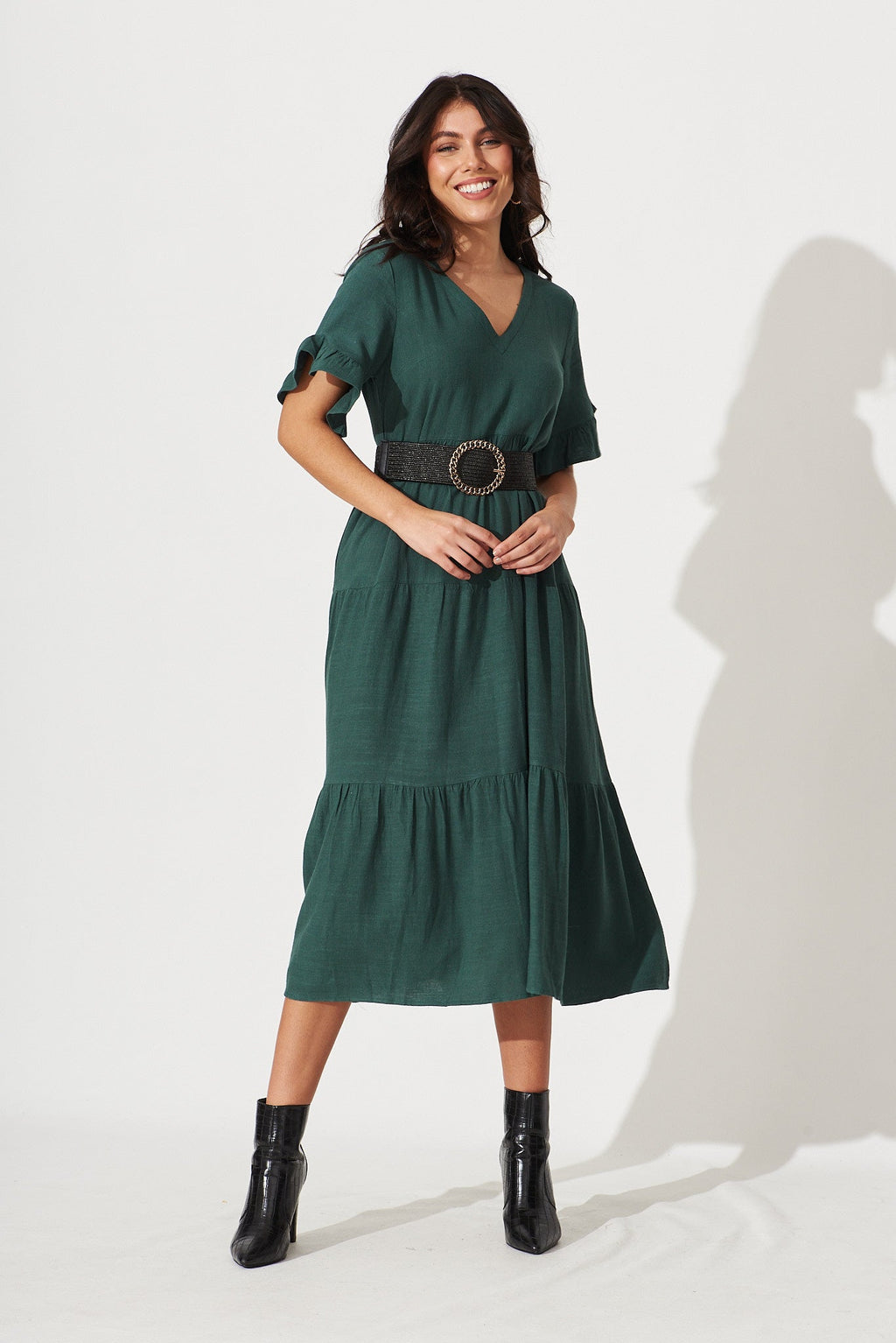 Green Linen Blend Smock Dress by Kristen