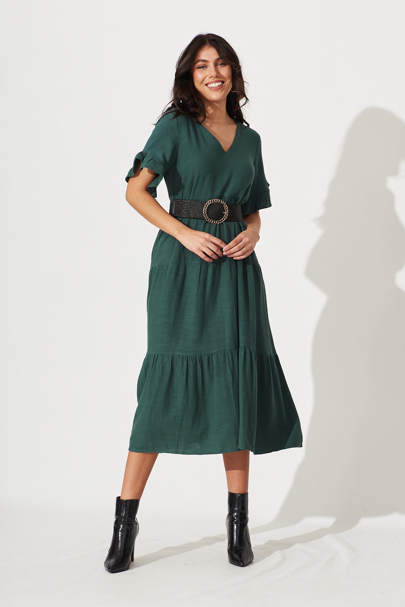 Green Linen Blend Smock Dress by Kristen