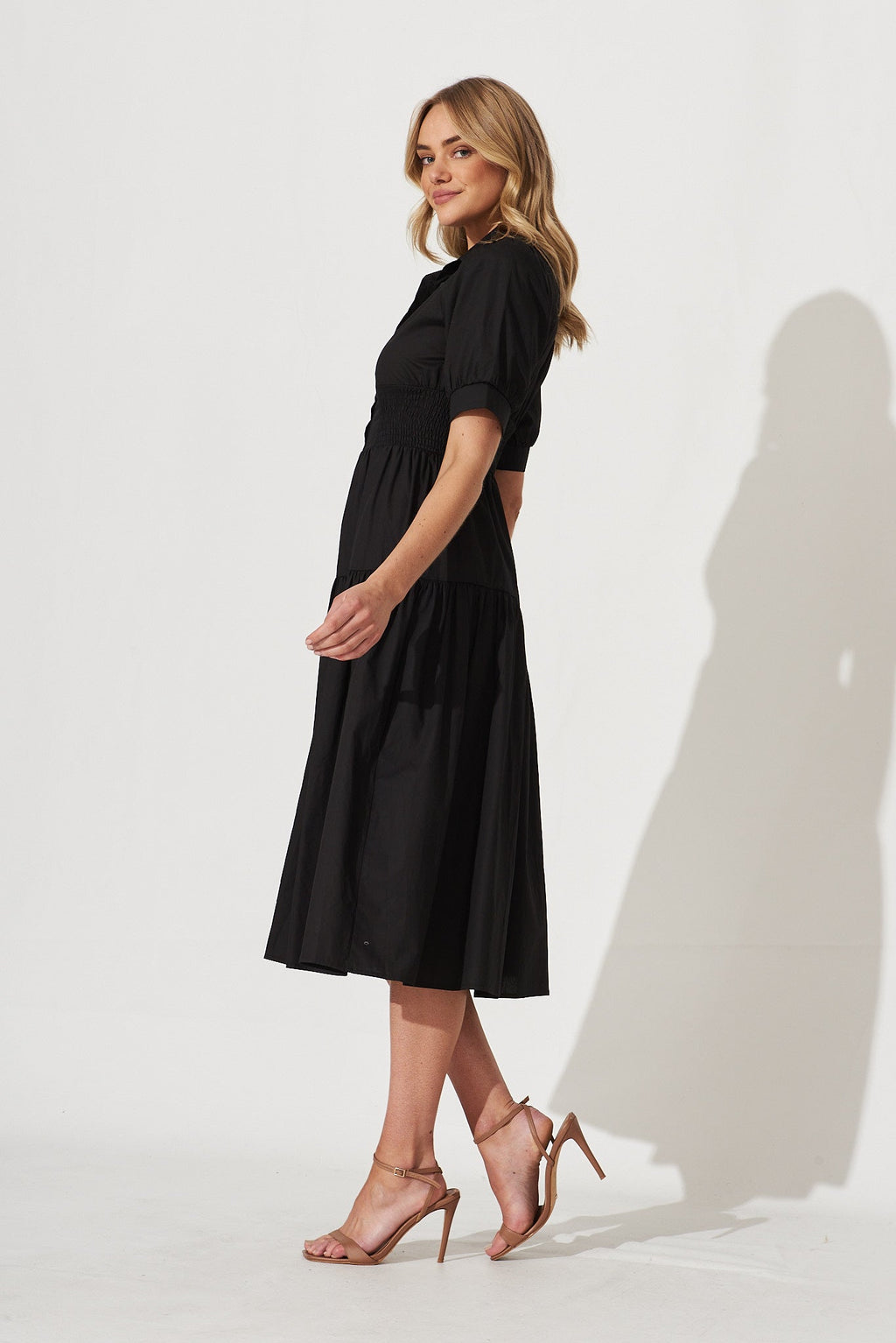 Black Cotton Midi Shirt Dress: Fairfax Style