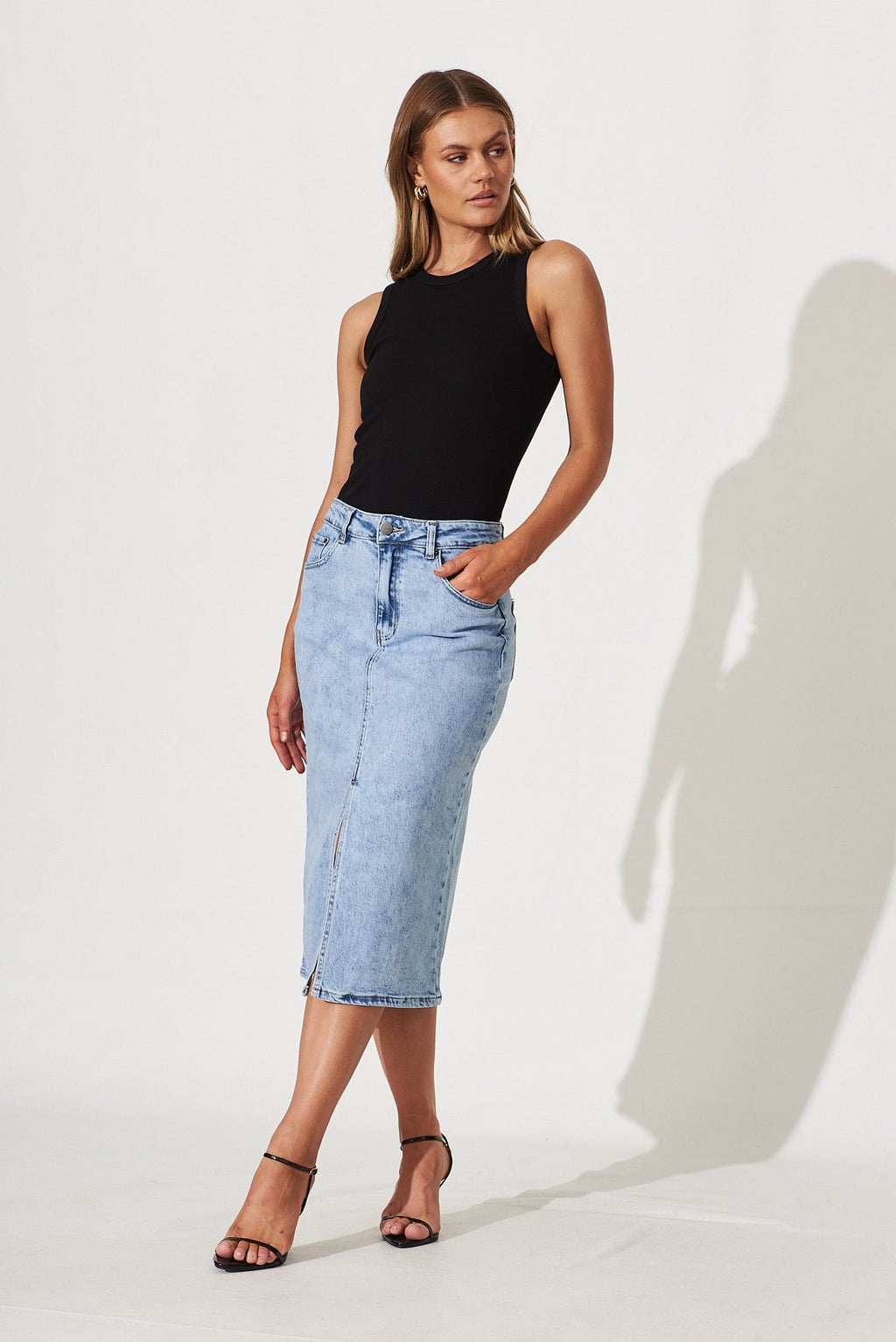 Light Blue Midi Stretch Denim Skirt