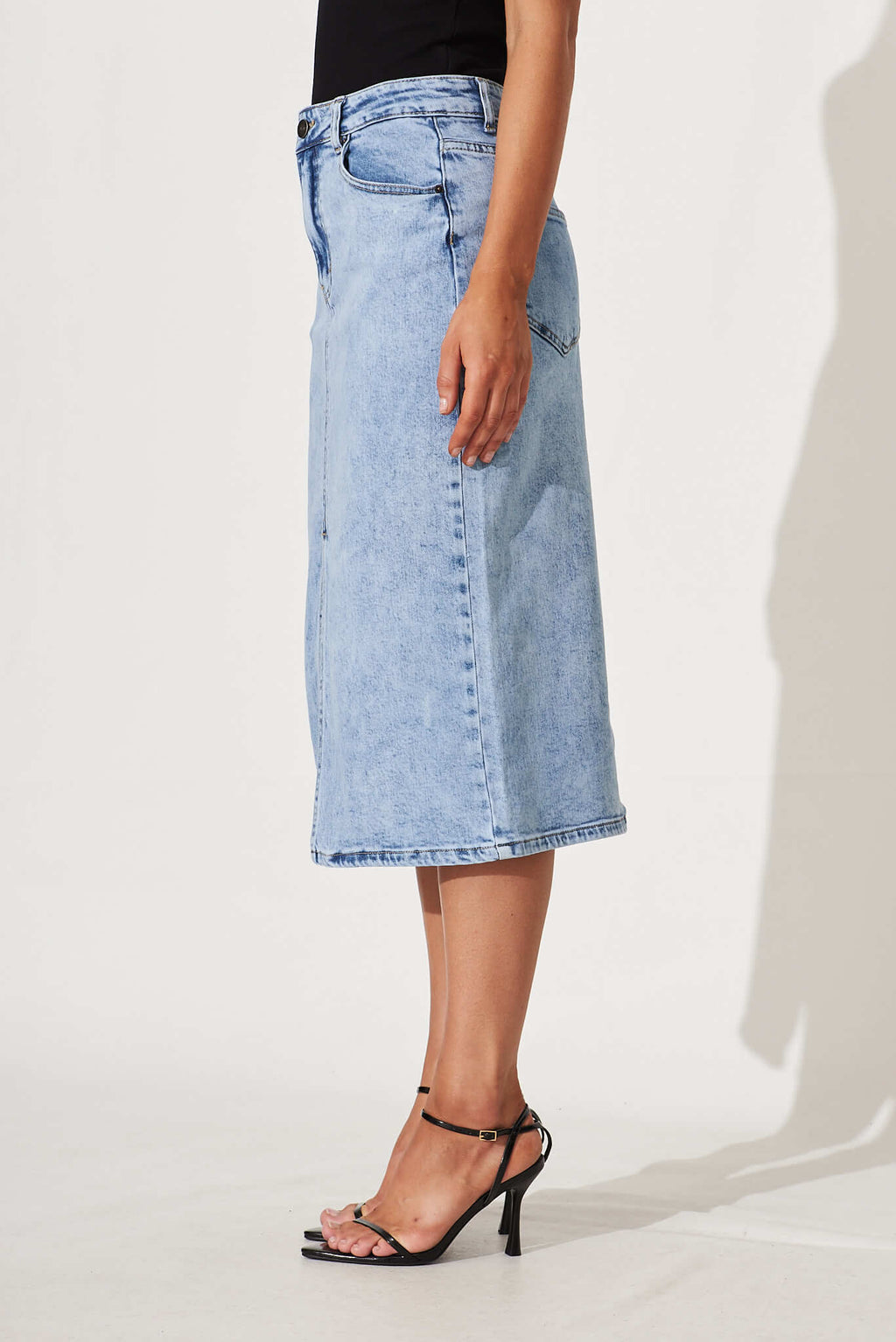 Light Blue Midi Stretch Denim Skirt