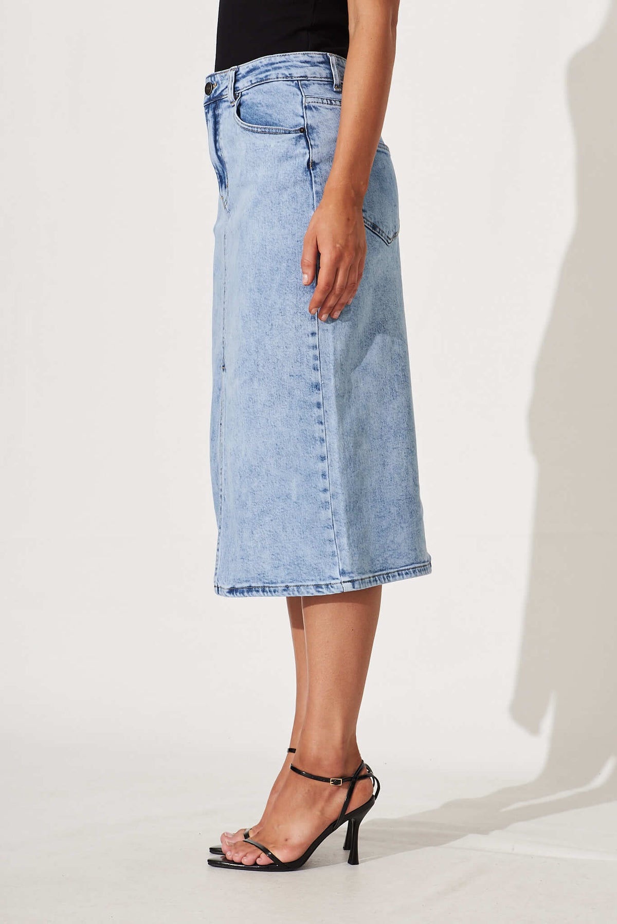 Light Blue Midi Stretch Denim Skirt