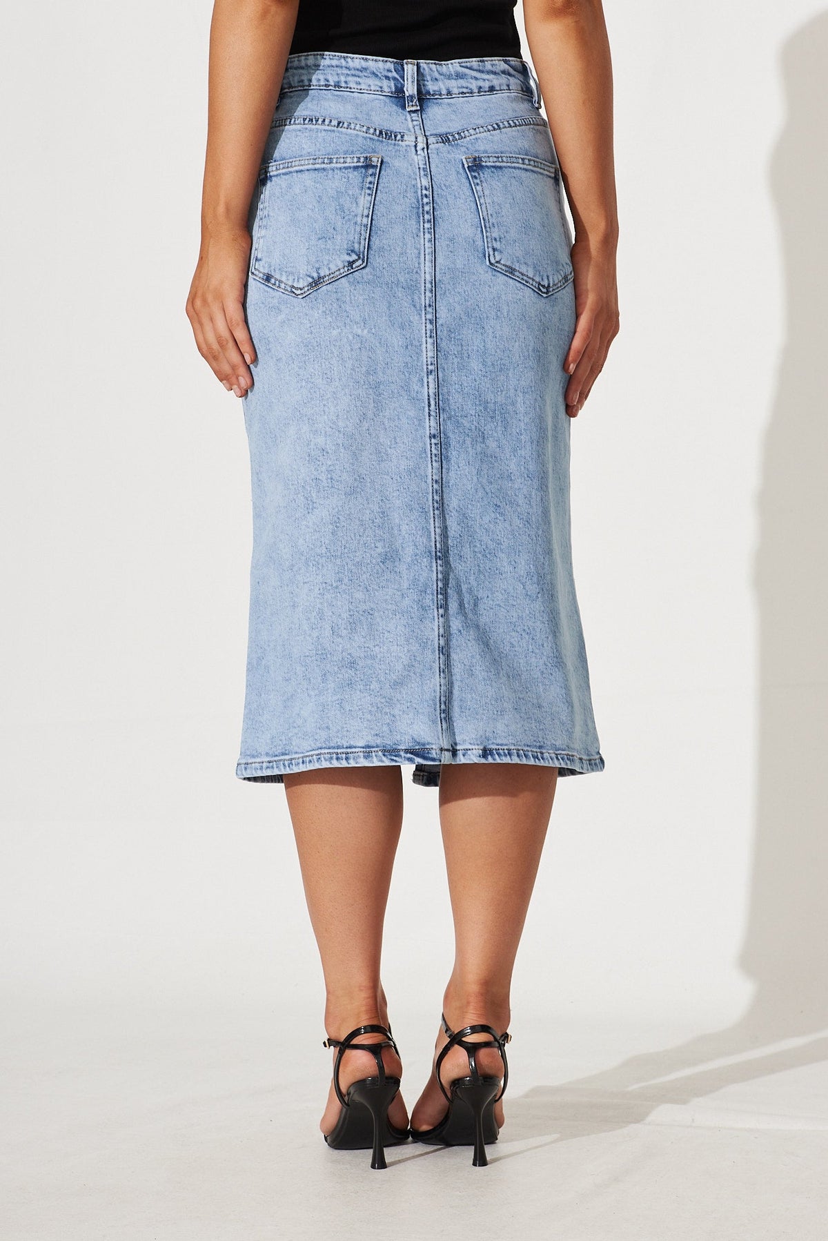 Light Blue Midi Stretch Denim Skirt