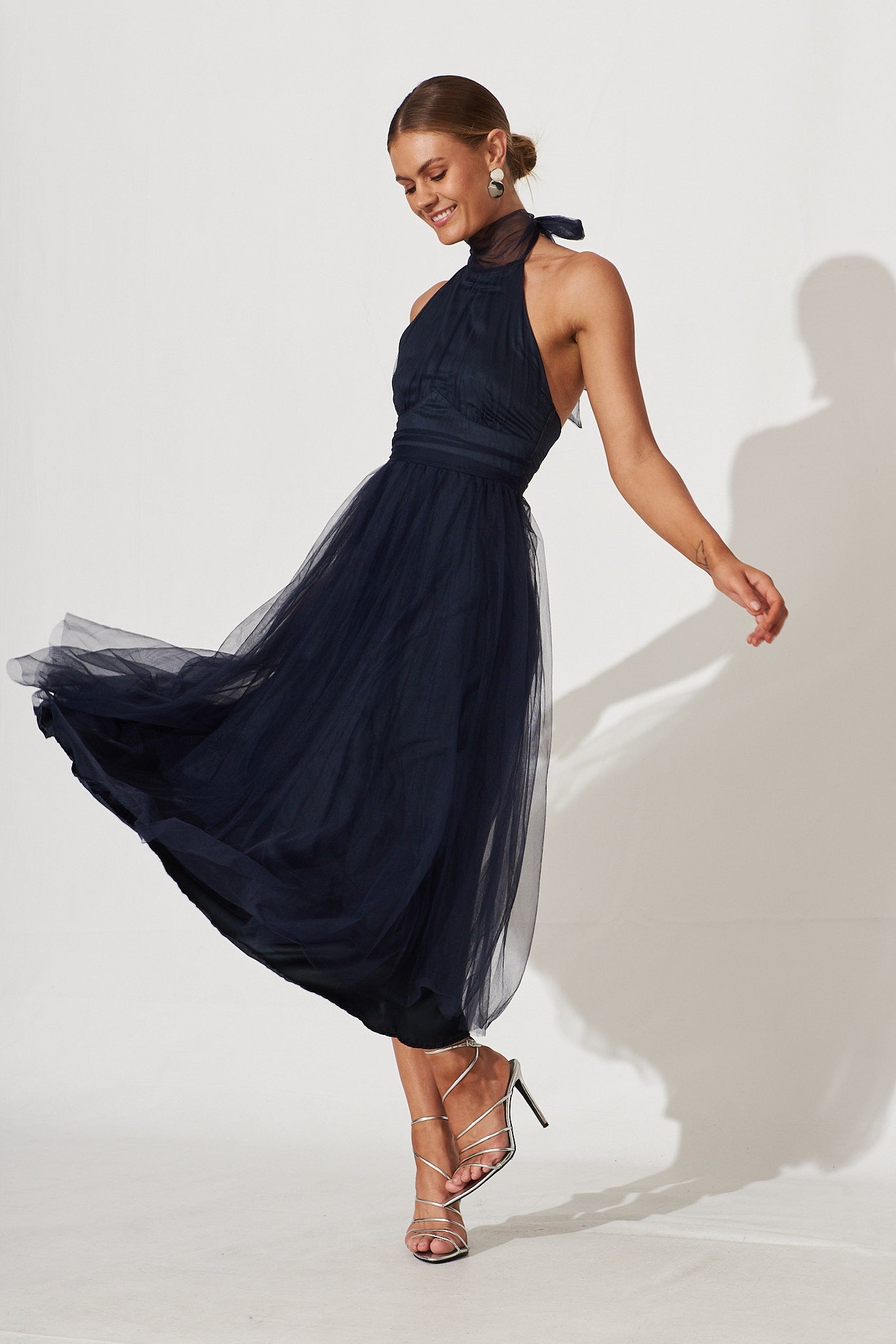 Navy Tulle Halter Midi Dress