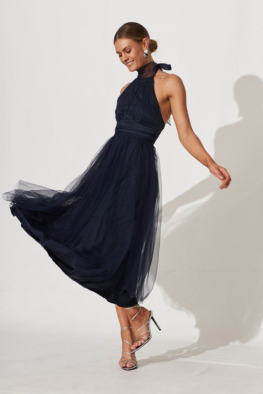 Navy Tulle Halter Midi Dress