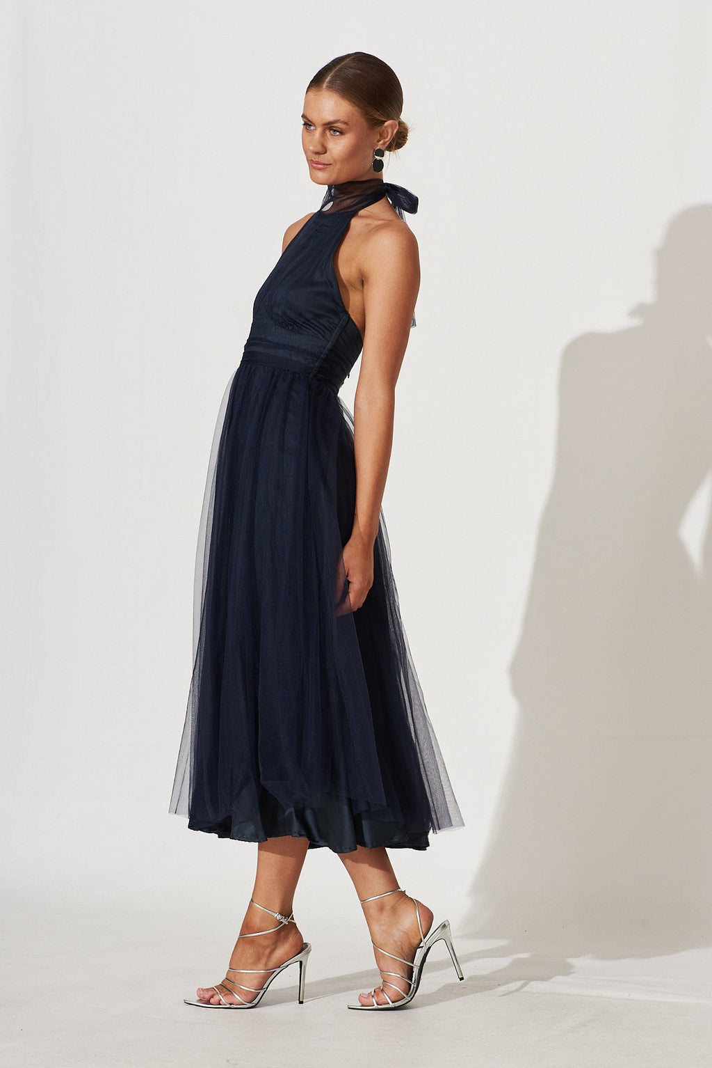 Navy Tulle Halter Midi Dress