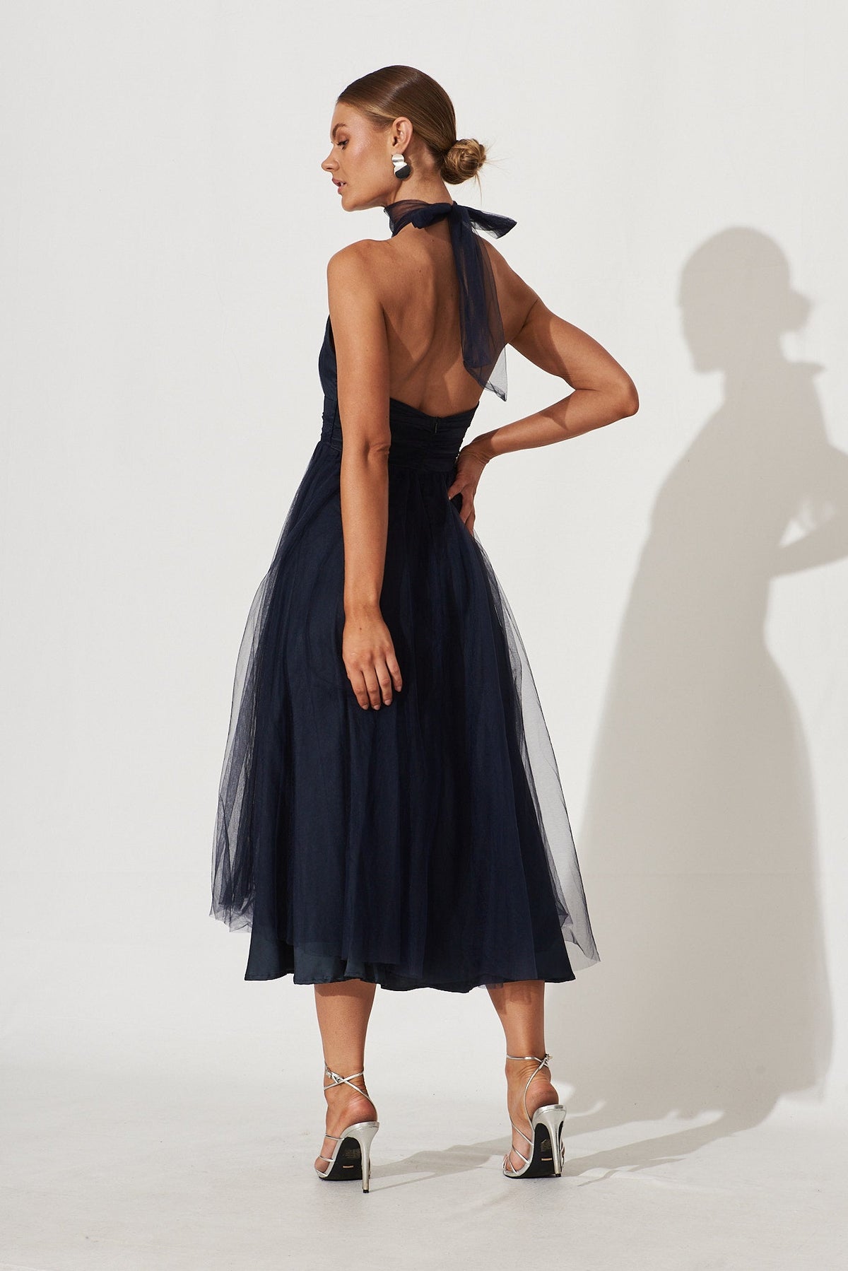 Navy Tulle Halter Midi Dress