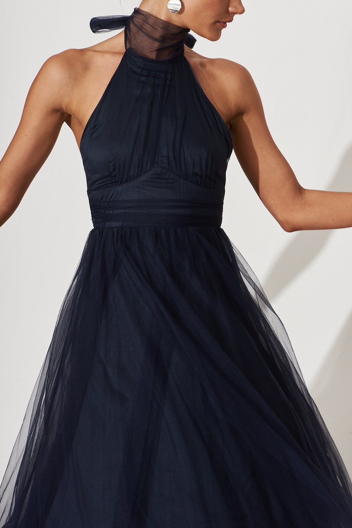 Navy Tulle Halter Midi Dress