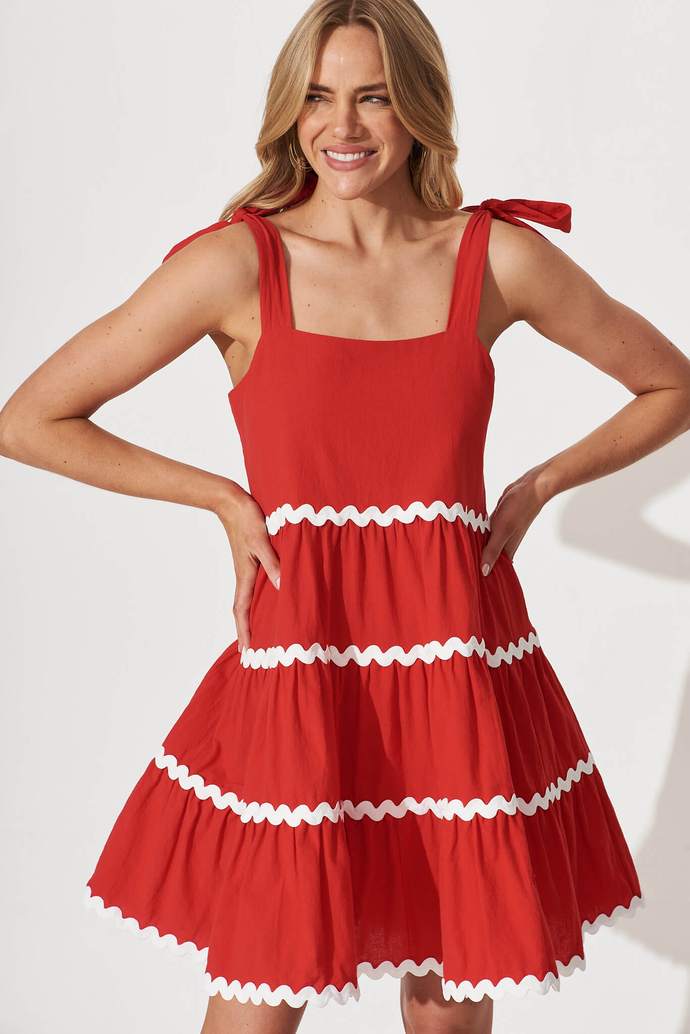 Red Santa Dress with White Trim in Cotton