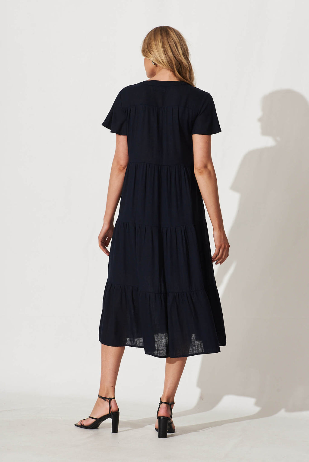 Navy Linen Blend Midi Shirt Dress by Marvela