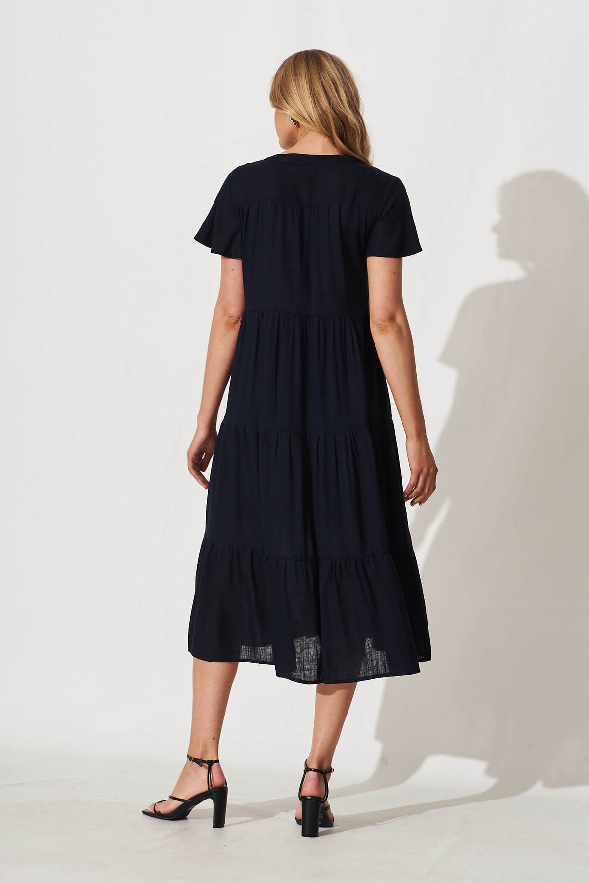 Navy Linen Blend Midi Shirt Dress by Marvela