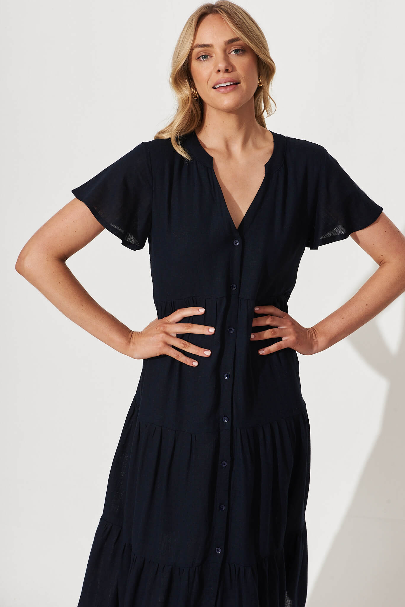 Navy Linen Blend Midi Shirt Dress by Marvela
