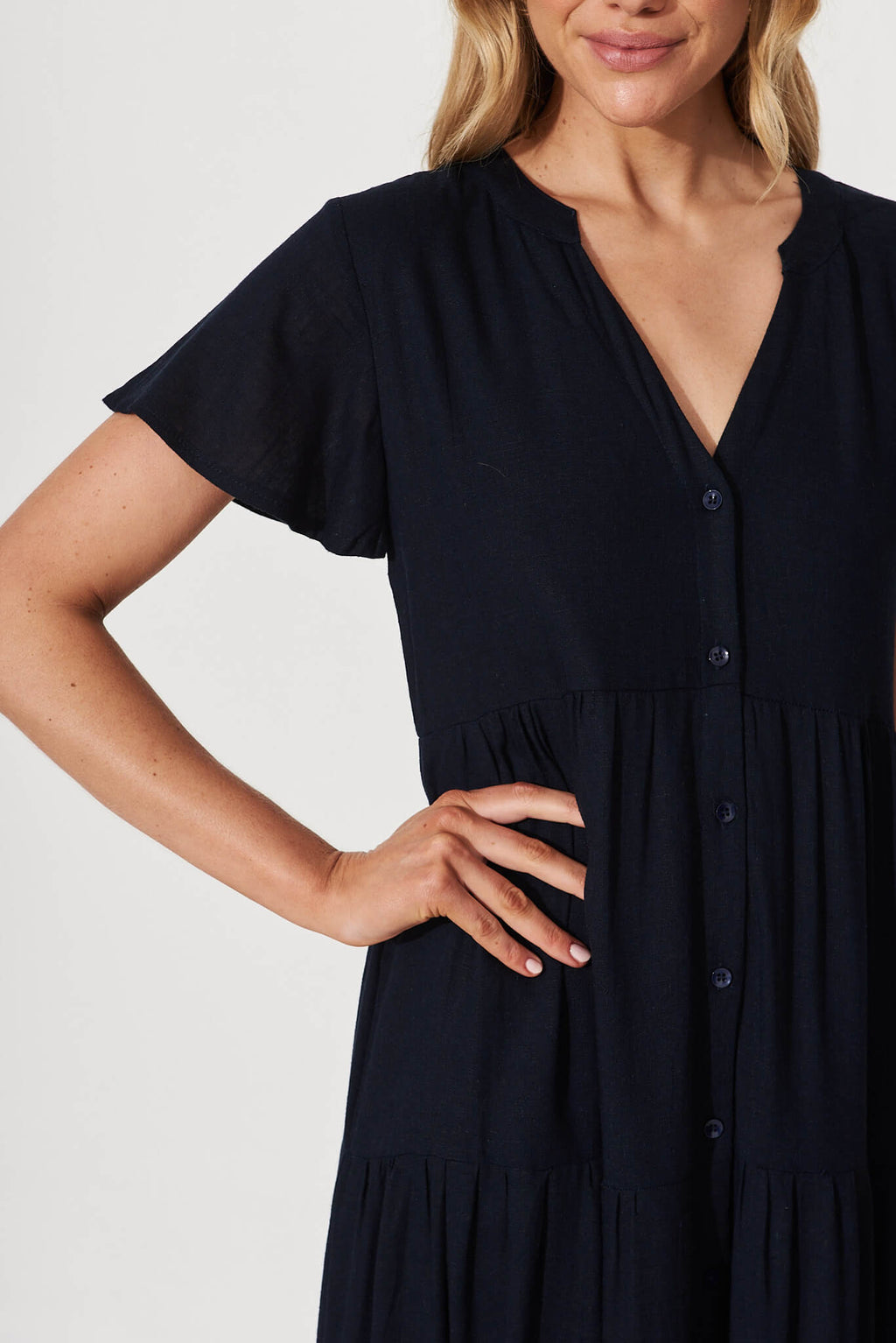 Navy Linen Blend Midi Shirt Dress by Marvela