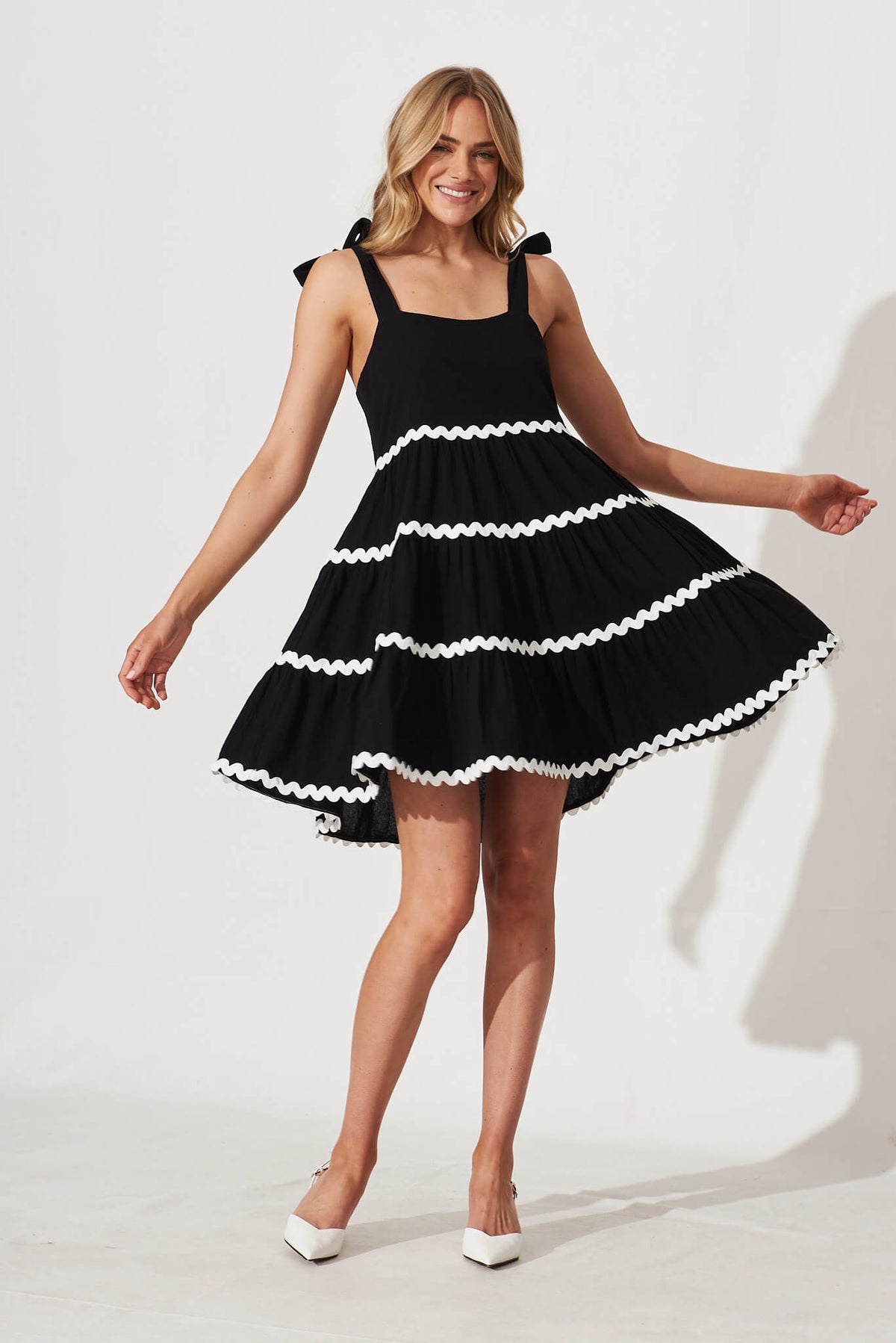 Black Cotton Dress with White Trim