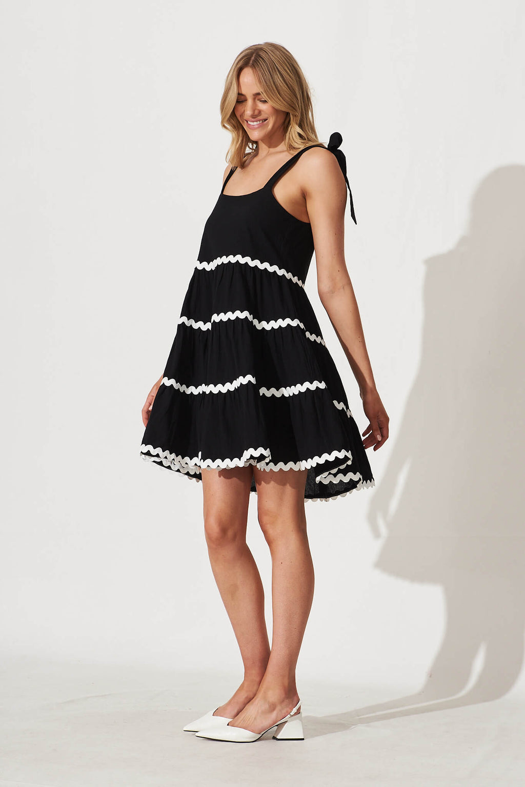 Black Cotton Dress with White Trim