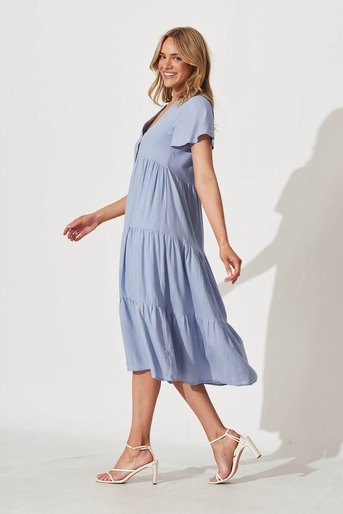 Sky Blue Linen Blend Midi Shirt Dress by Marvela