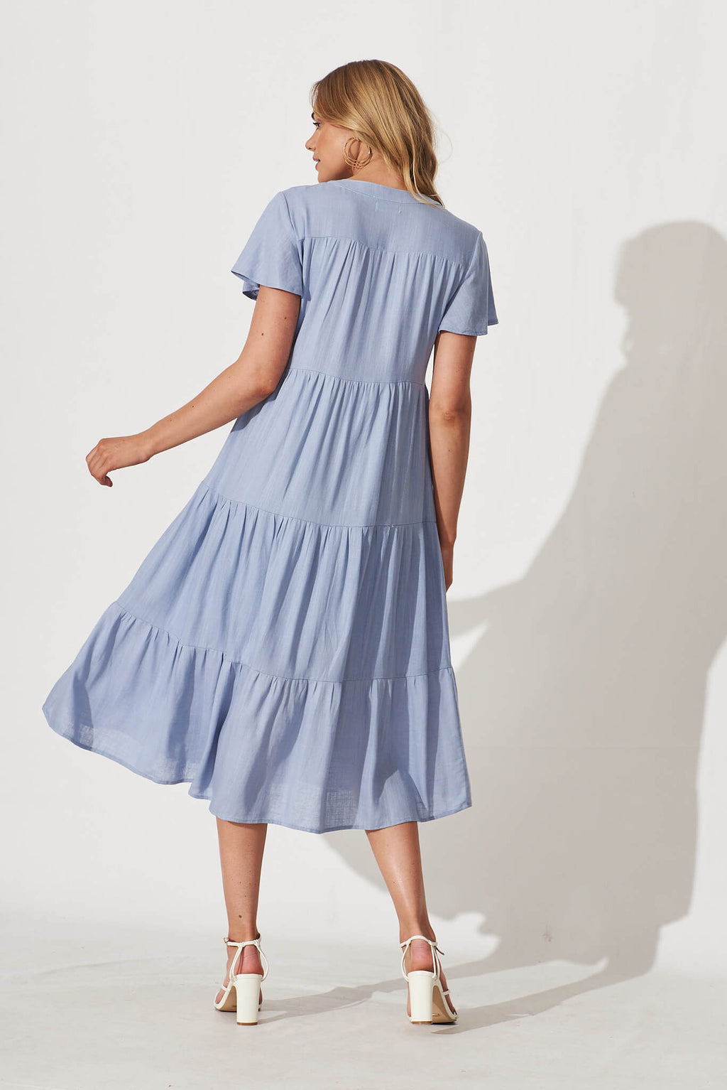 Sky Blue Linen Blend Midi Shirt Dress by Marvela