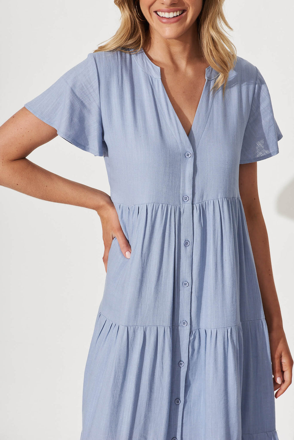 Sky Blue Linen Blend Midi Shirt Dress by Marvela