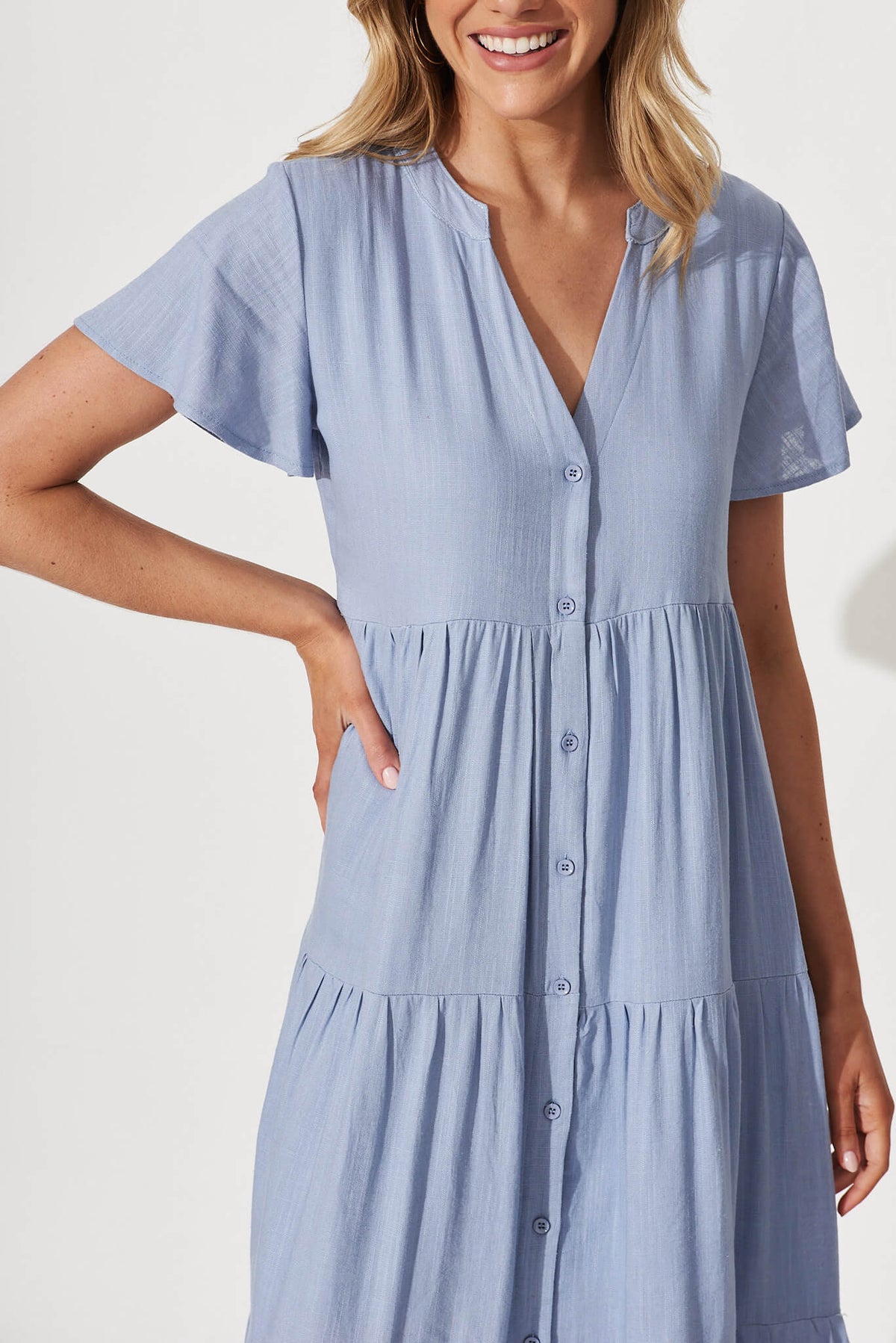 Sky Blue Linen Blend Midi Shirt Dress by Marvela