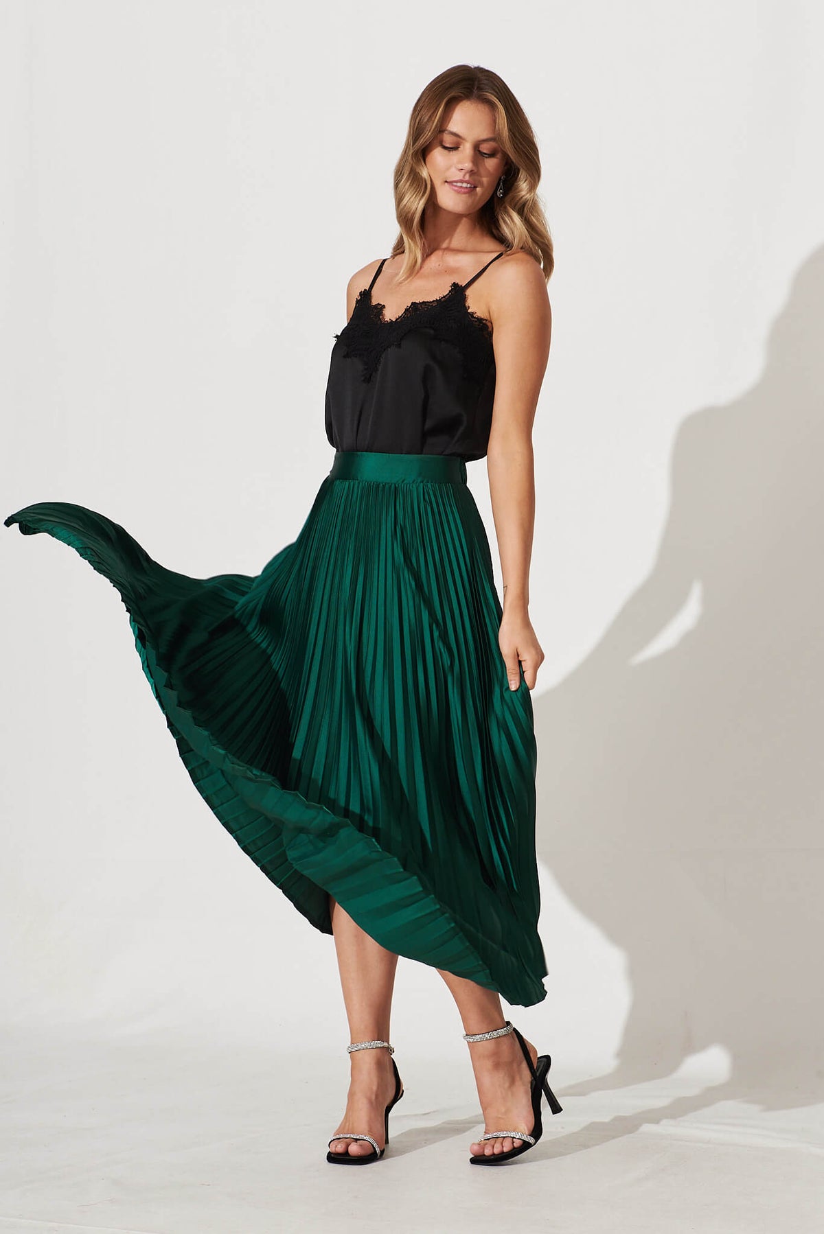Emerald Satin Midi Pleat Skirt